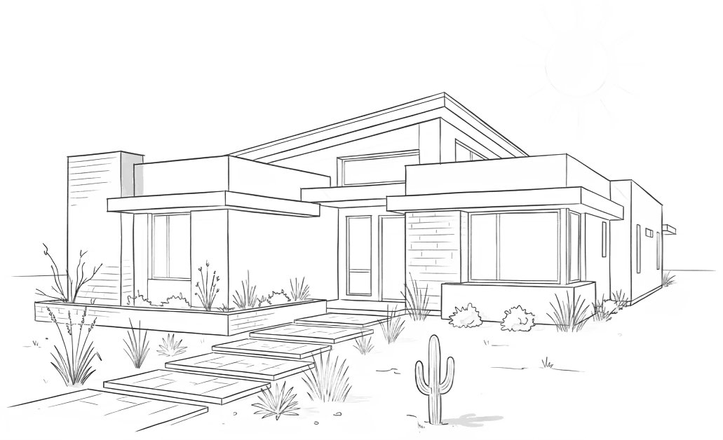 Create a sophisticated architectural line illustration of a contemporary Arizona desert home, shown in three-quarter perspective with a front walkway, simple low-water desert planting, a small cactus and an abstract sun. Use precise thin #333333 strokes, restrained light gray #F5F5F5 shading and transparent negative space. Editorial architectural sketch style, no people, no lettering, no logos, no numbers, no boundary map, no suggestion of a specific actual property. Center the entire house with generous breathing room, landscape composition suitable for a monochrome home-buying infographic.