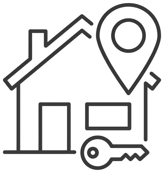 Create minimalist architectural vector line art of a residential house with a prominent map-location pin beside the roof and a small key below, conveying address verification before moving in. Dark gray #333333 strokes only on a transparent background, spacious geometric composition, consistent thin lines, no gradients, no lettering, no numbers, no logos. Square composition with generous negative space; restrained editorial checklist aesthetic matching a light gray #F5F5F5 infographic.