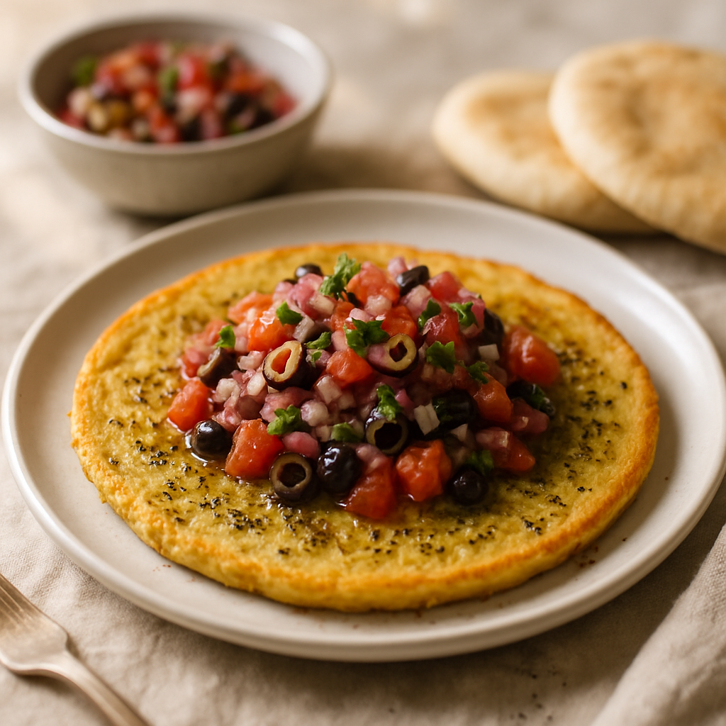 Za'atar Chickpea Flatbread with Olive Salsa | DishGen Recipe