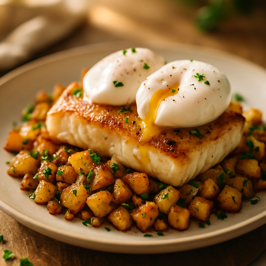 Pan-Seared Cod with Herbed Potato Hash and Poached Eggs | DishGen Recipe