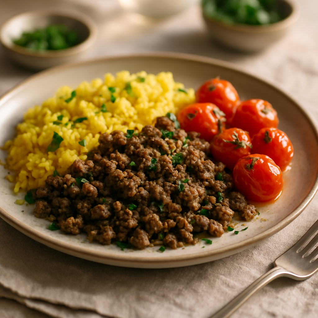 Peppered Lamb with Turmeric Rice and Blistered Tomatoes | DishGen Recipe
