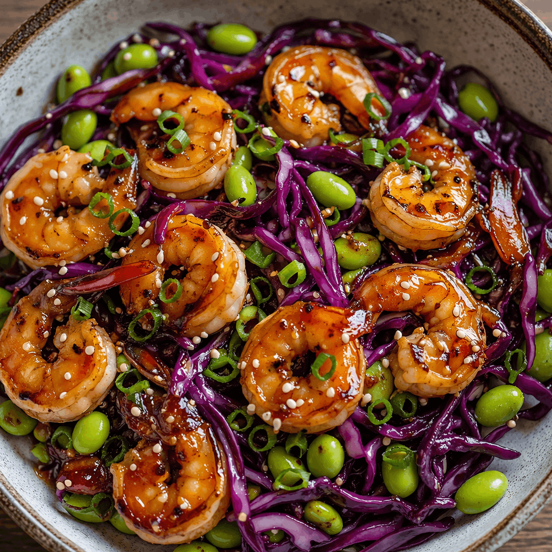 Zesty Teriyaki Shrimp on Edamame-Cabbage Bed