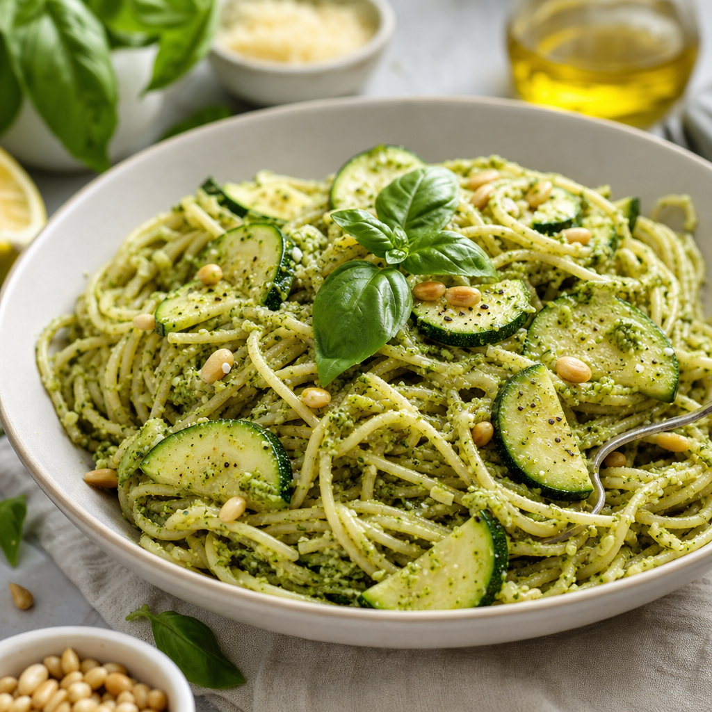 Zucchini Basil Pesto Spaghetti Two Ways