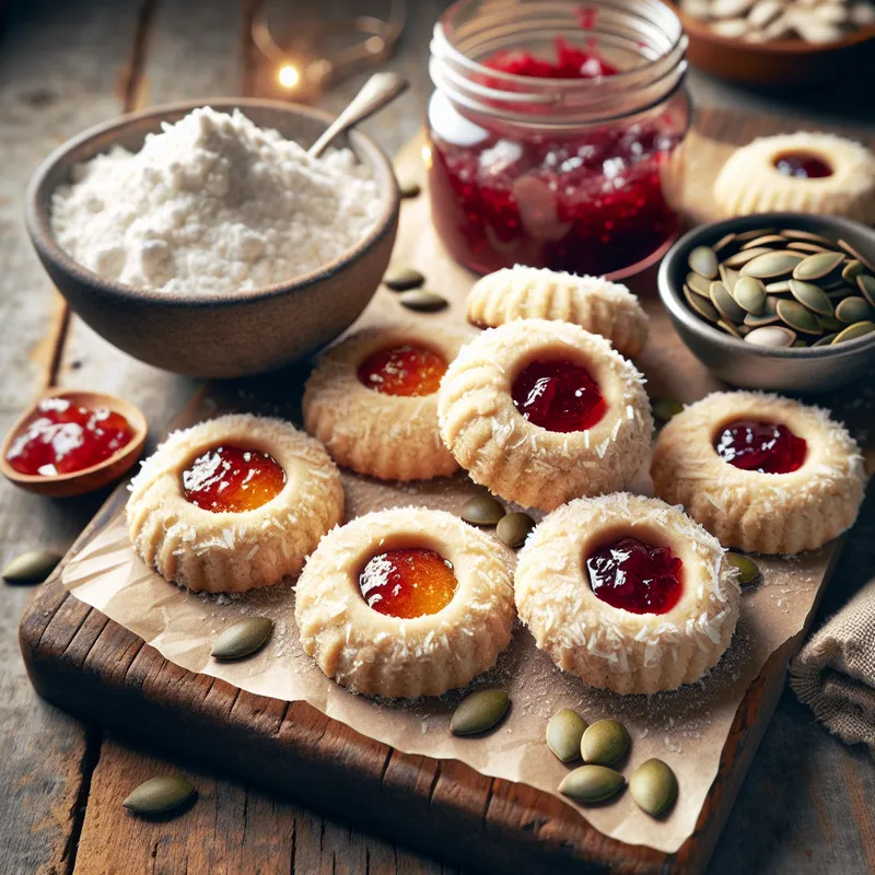 Coconut Pumpkin Seed Thumbprint Cookies with Raspberry Jam image