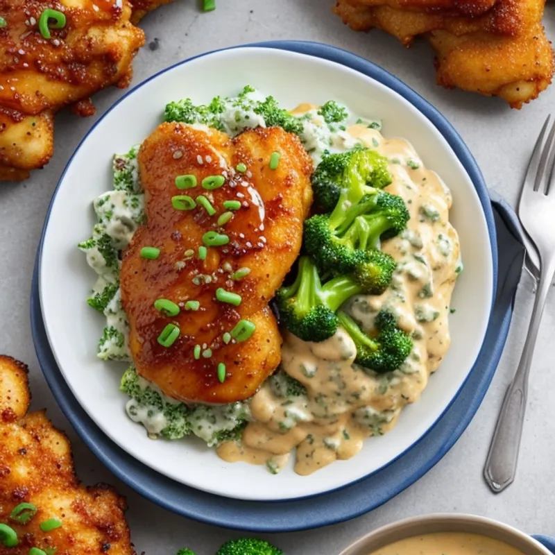 Crispy Honey Pepper Chicken with Creamy Broccoli Cheese Sauce image