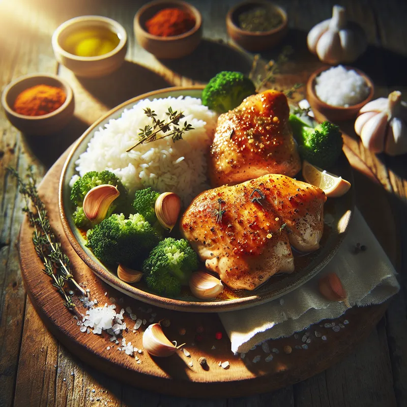 Savory Sous Vide Chicken Thighs with Rice and Broccoli image