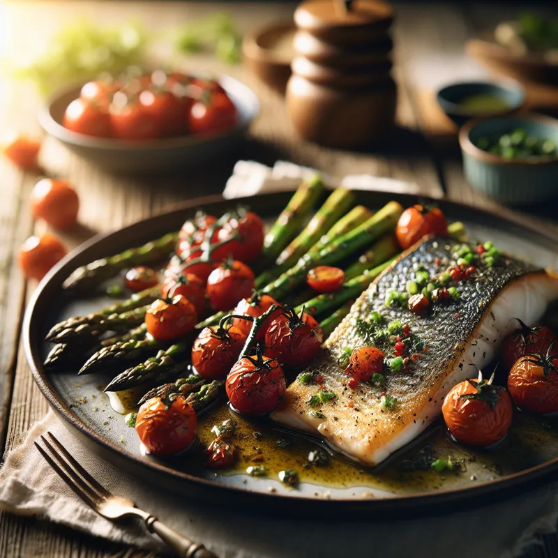 Mediterranean Herb-Crusted Sea Bass with Roasted Cherry Tomatoes and Asparagus image