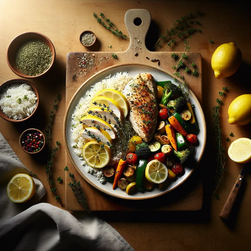 Lemon-Thyme Chicken with Roasted Veggie Medley and Rice image