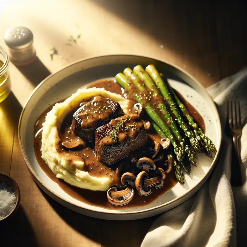 Make-Ahead Sous Vide Beef Tips with Mushroom Gravy and Roasted Asparagus image