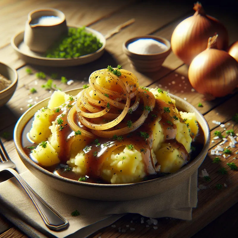 Hearty Herb-Roasted Mashed Potatoes with Savory Onion Gravy image