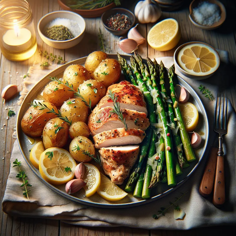 Savory Garlic Herb Chicken with Lemon Asparagus and Parmesan Potatoes image