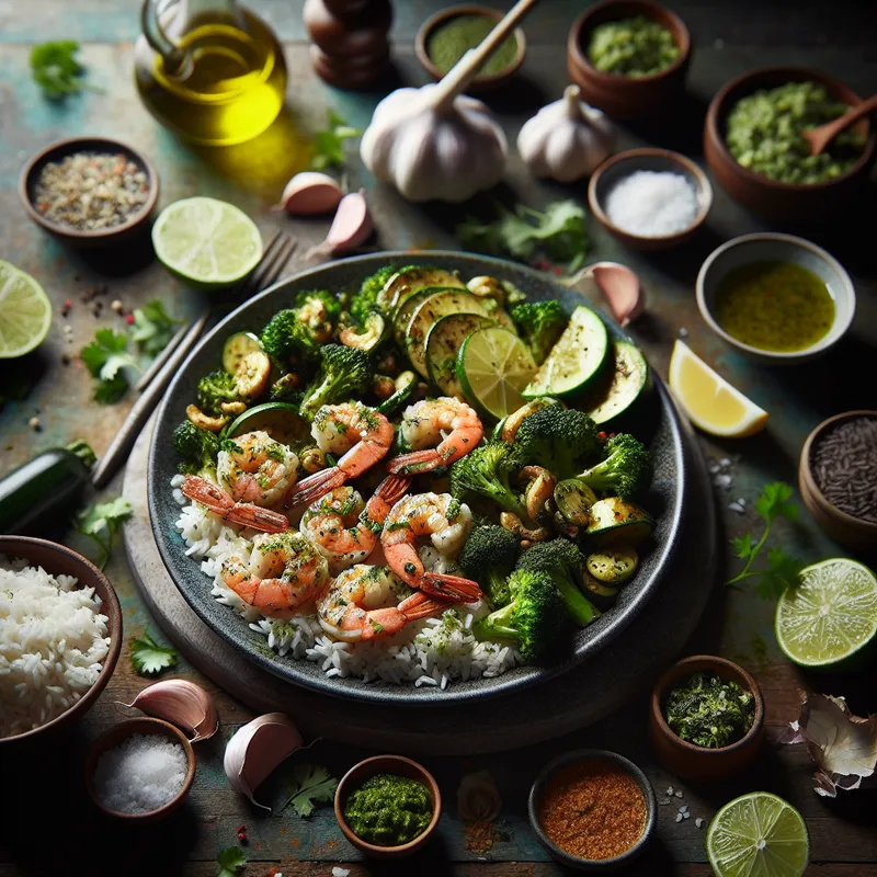 Cilantro Lime Shrimp with Garlic Broccoli and Pesto Zucchini over Rice image