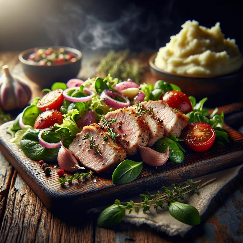 Garlic-Herb Pork Tenderloin Spring Salad and Mashed Potatoes image