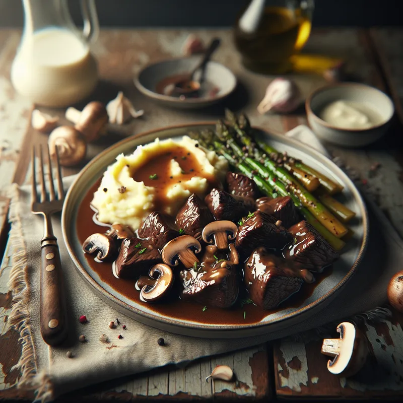 Succulent Sous Vide Beef Tips with Mushroom Gravy and Roasted Asparagus image