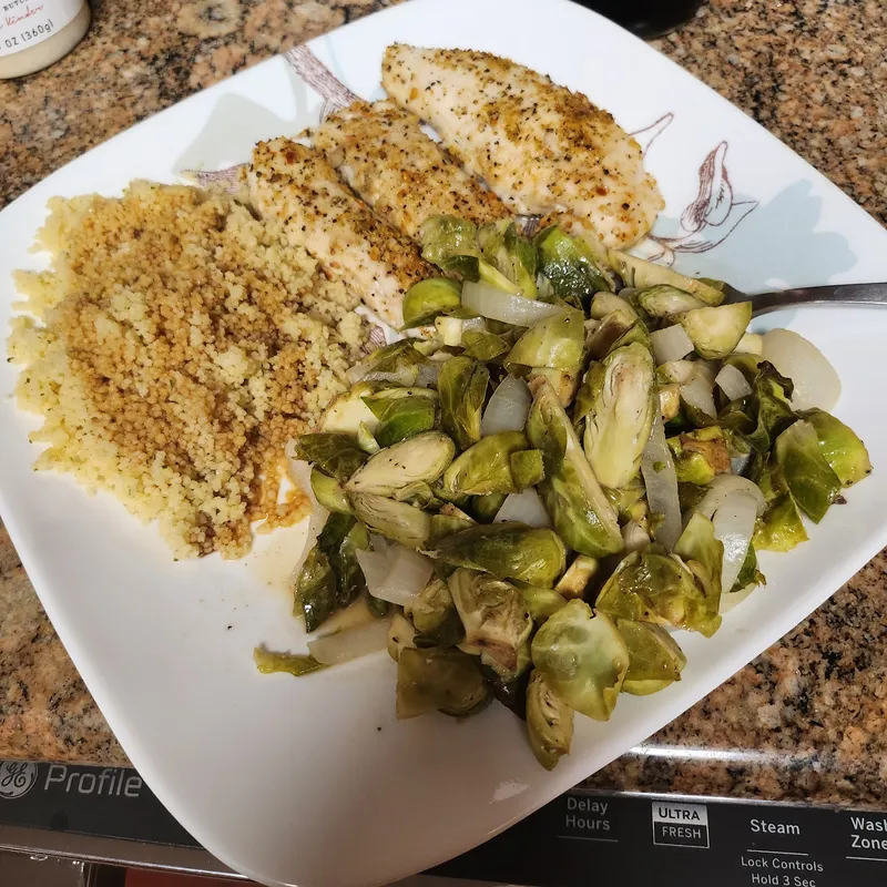 Zesty Lemon Herb Chicken Tenders with Maple Dijon Brussels Sprouts image