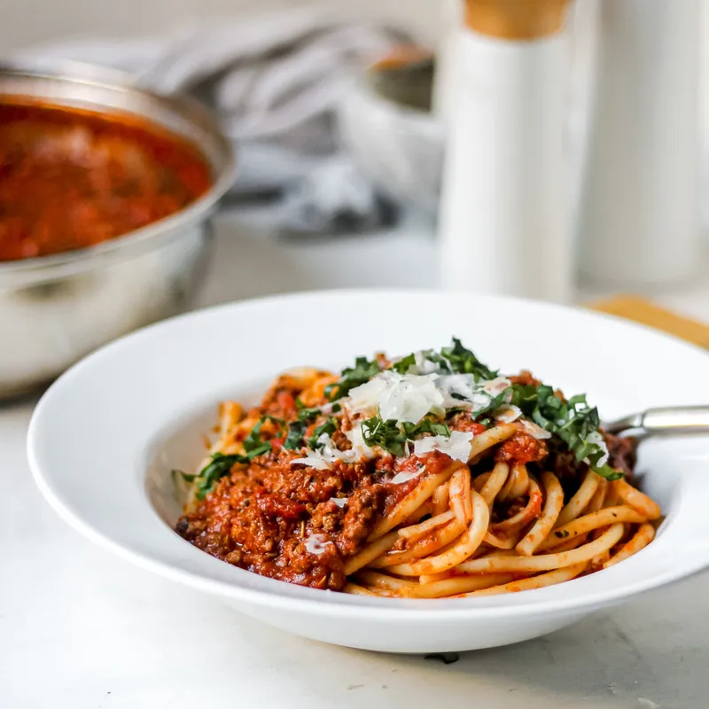 Bucatini with Hearty Meatballs and Fresh Sauce image