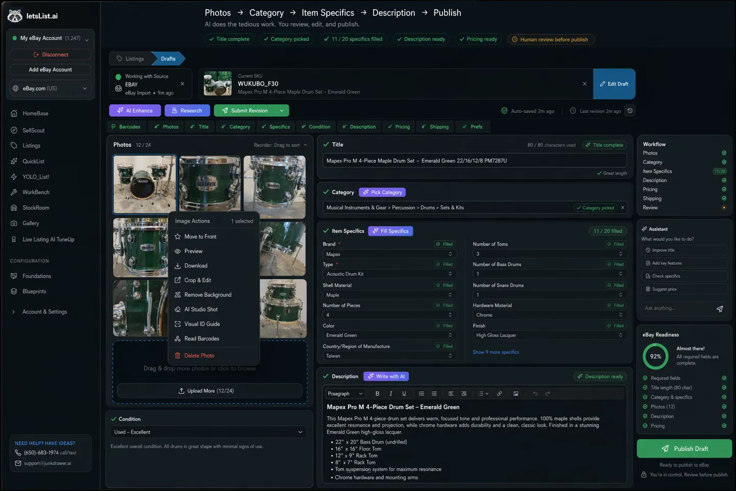 Composite view of the letsList.ai eBay listing workflow showing photos, title, category, item specifics, description, readiness checks, and publish review.