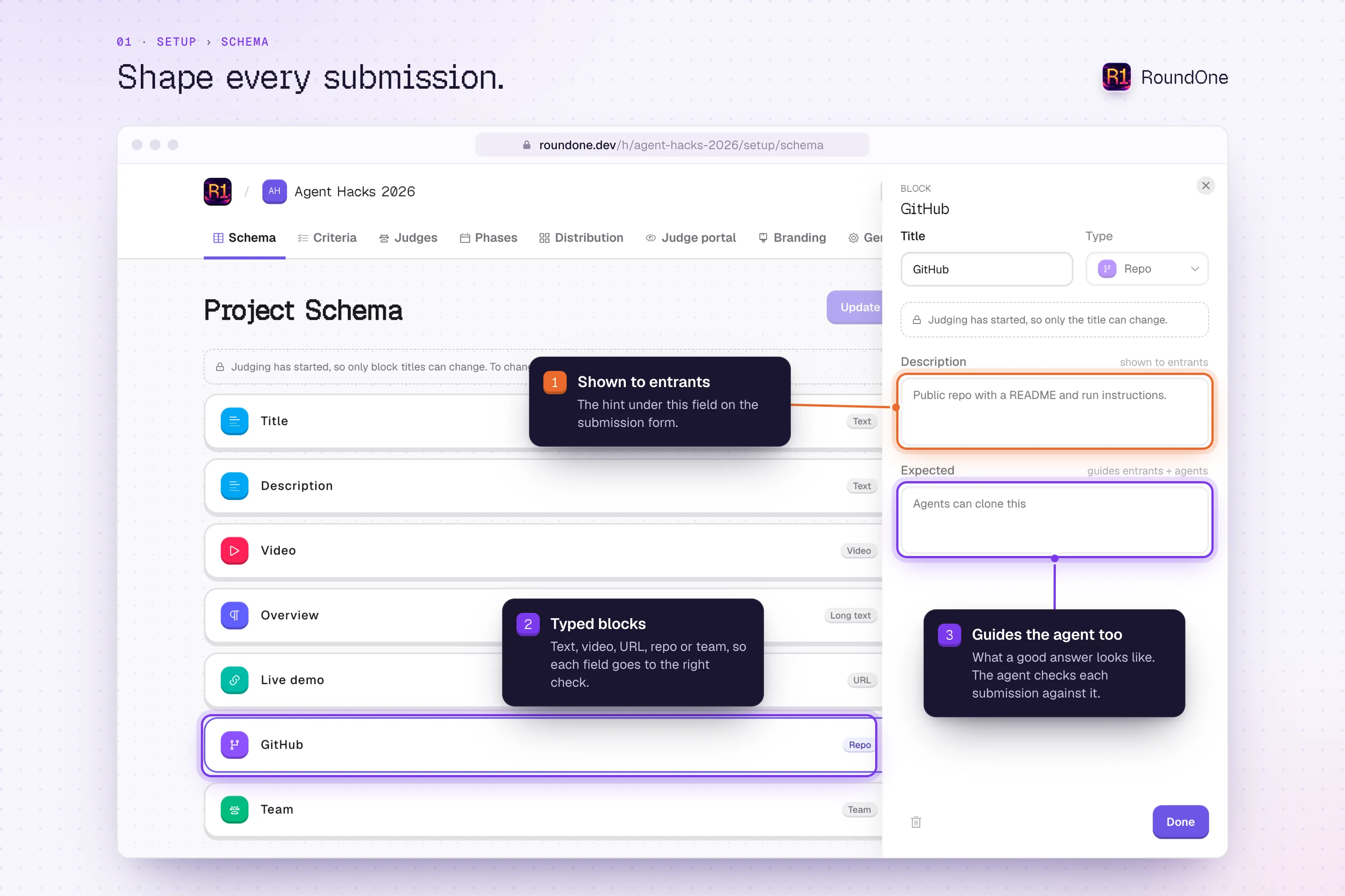 Setup, Schema: the blocks every submission fills in, such as title, video, live demo, GitHub and team. Each block has a hint for entrants and a note on what the agent should expect.