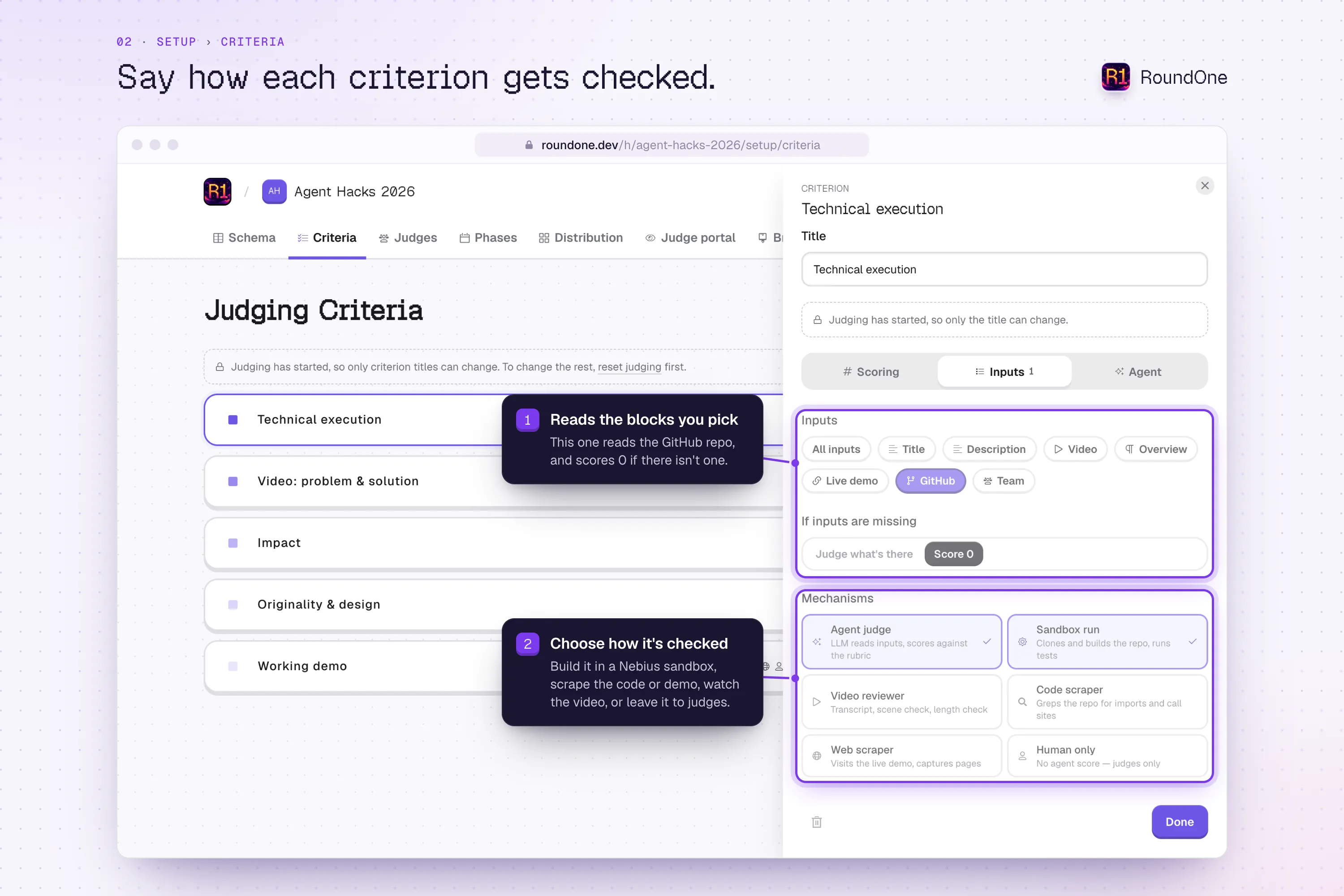Setup, Criteria: a criterion reads the blocks you pick, and you choose how it's checked: agent judge, sandbox run, video reviewer, code scraper, web scraper or human only.