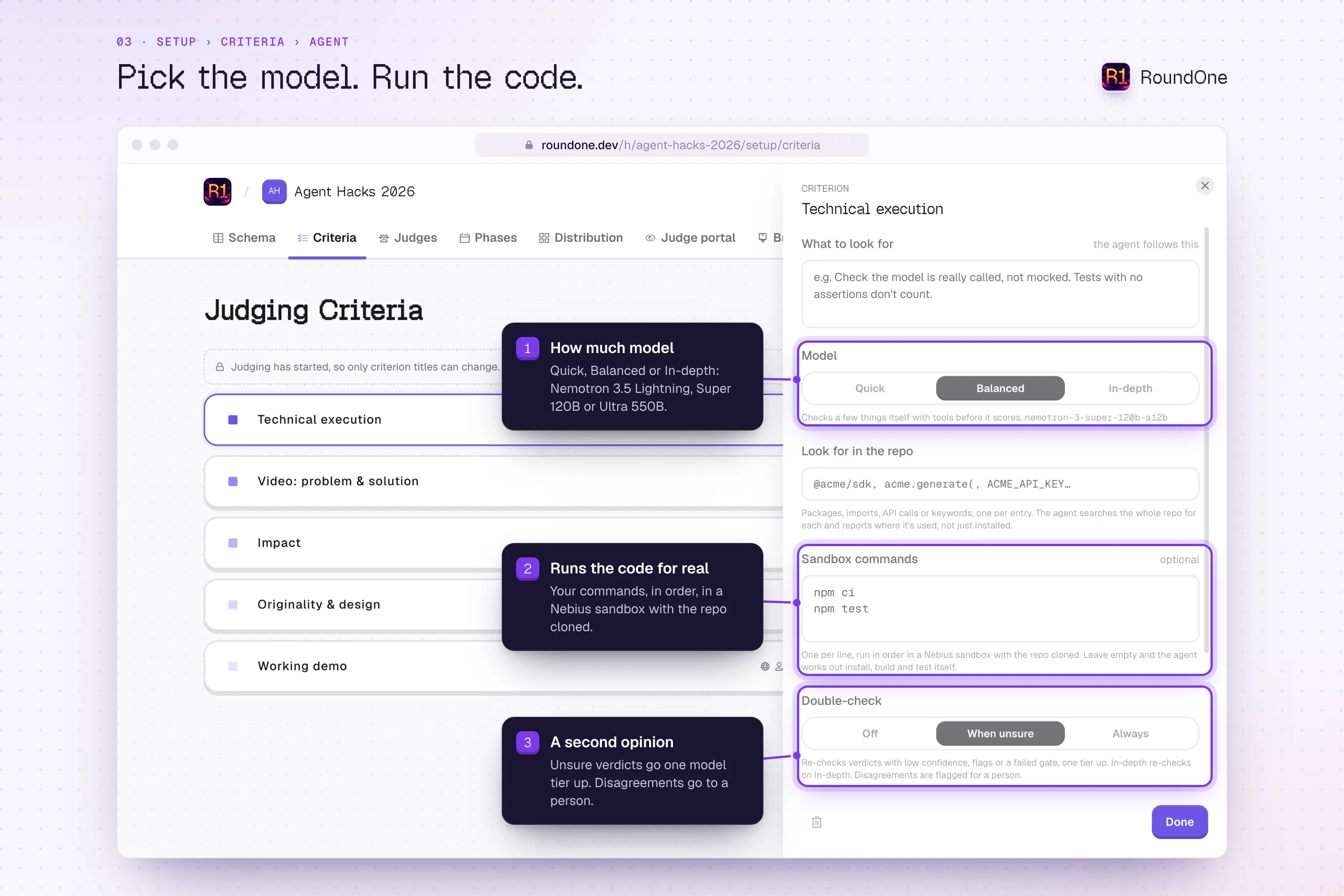 Setup, Criteria, Agent: the Quick, Balanced or In-depth Nemotron model, the commands to run in a Nebius sandbox, and when to double-check a verdict.