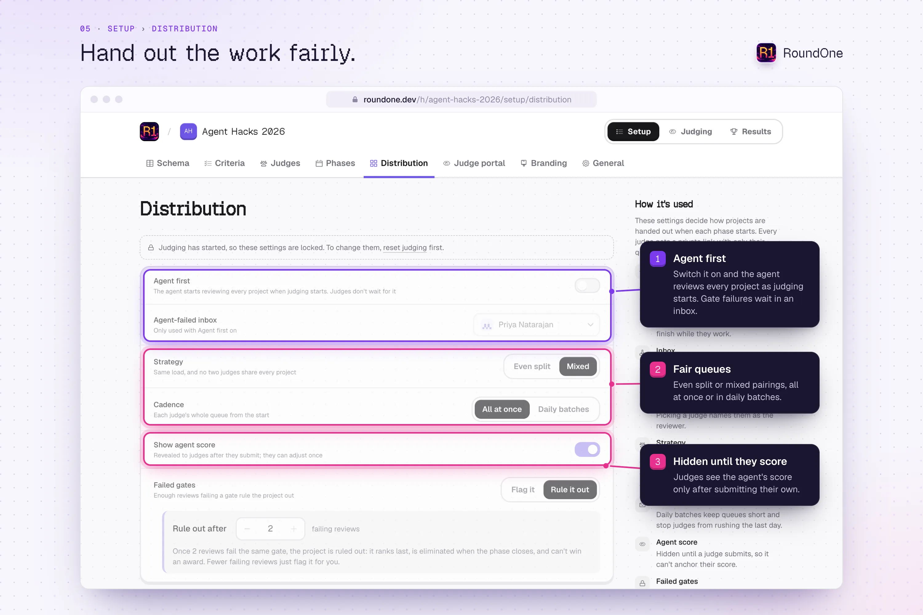 Setup, Distribution: the agent reviews first, queues are even or mixed and go out all at once or in daily batches, and judges see the agent's score only after submitting their own.