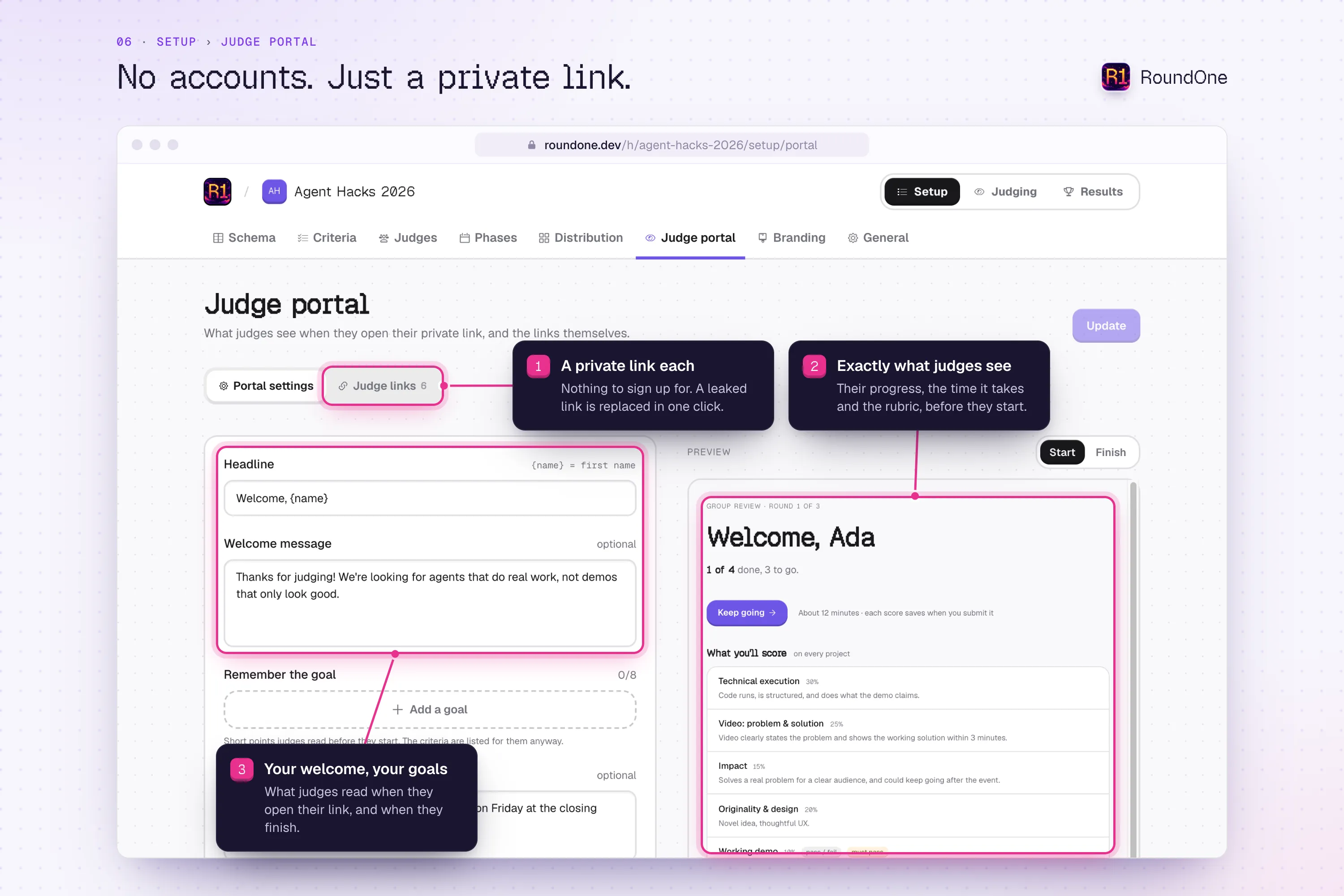 Setup, Judge portal: a private link for each judge, the welcome message and goals they read, and a preview of their start screen.