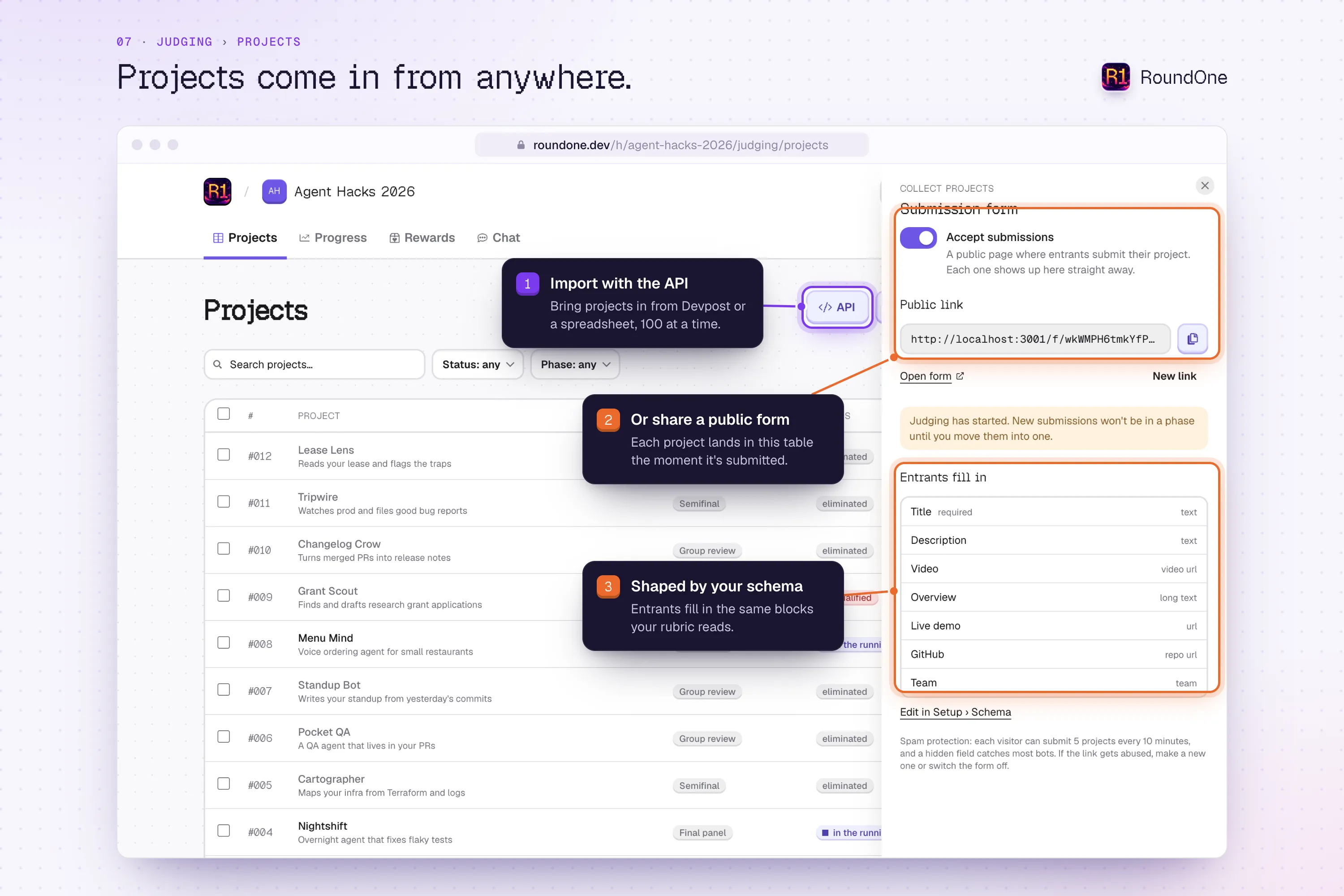 Judging, Projects: projects imported through the API or sent in through a public submission form built from your schema.