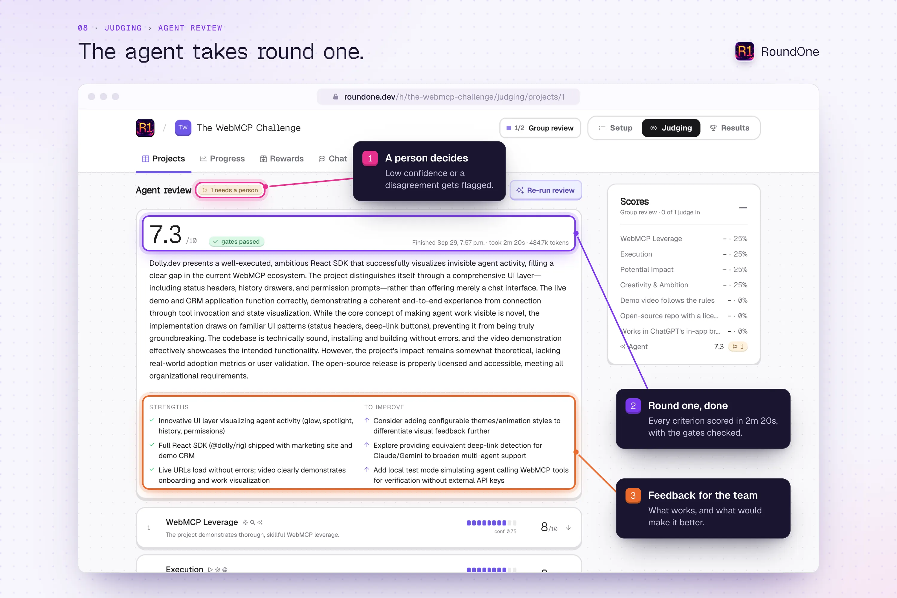 Judging, Agent review: the agent scores a project 7.3 out of 10 with its gates passed, lists strengths and things to improve, and flags a disagreement for a person to decide.