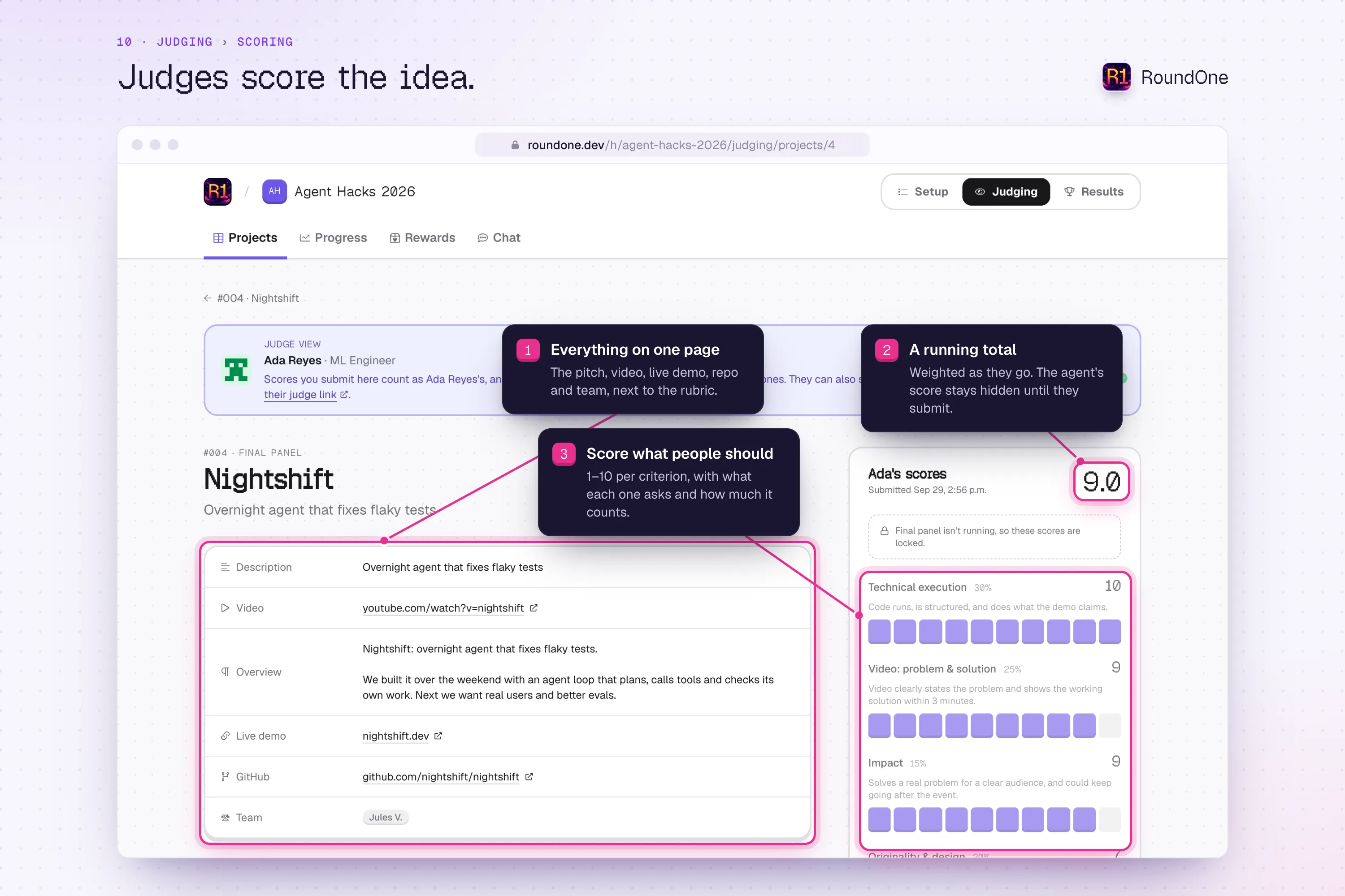Judging, Scoring: a judge sees the pitch, video, demo, repo and team on one page and scores each criterion from 1 to 10, with a weighted running total.
