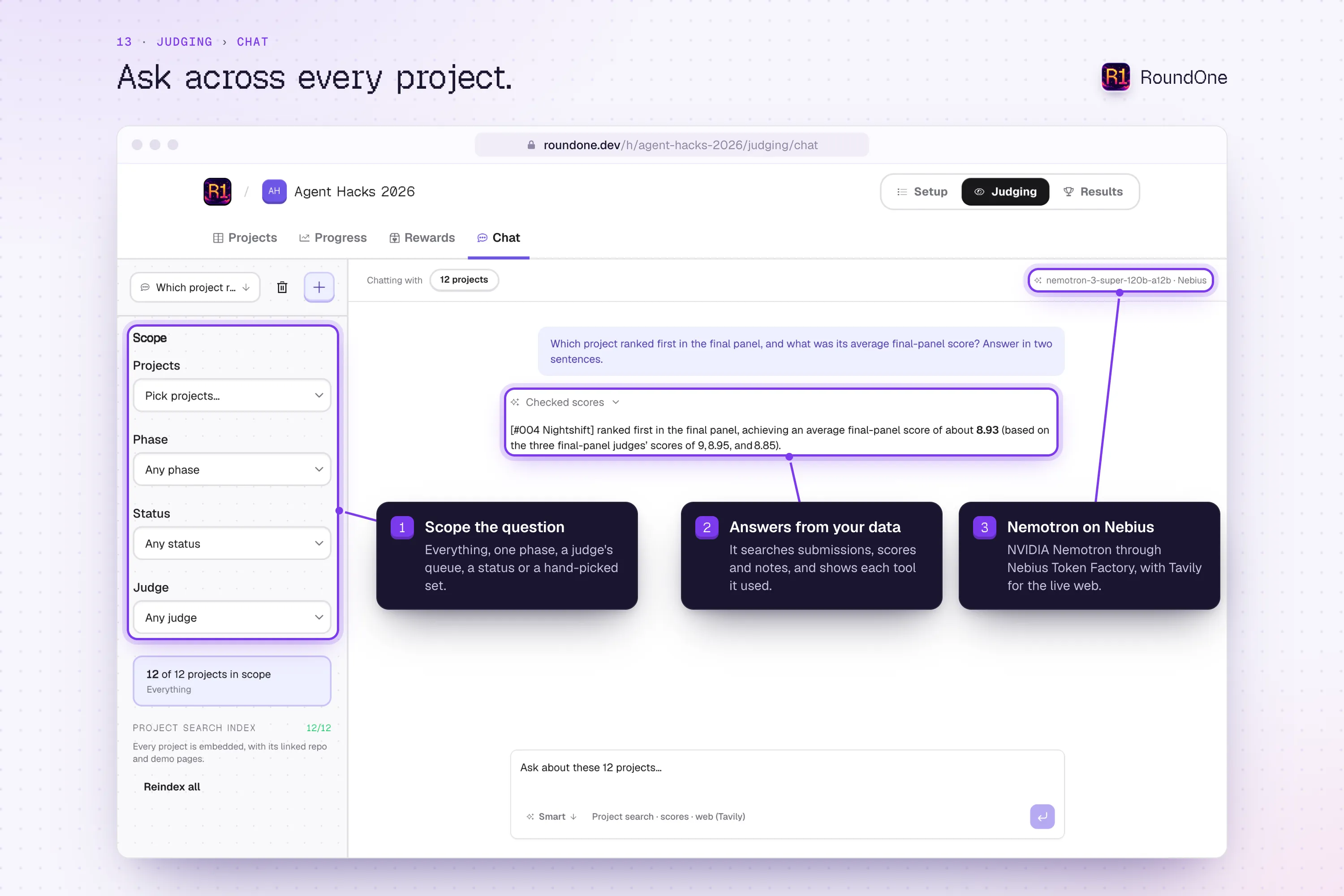 Judging, Chat: a question about the final panel answered from the hackathon's own scores, scoped to a set of projects, by NVIDIA Nemotron on Nebius.