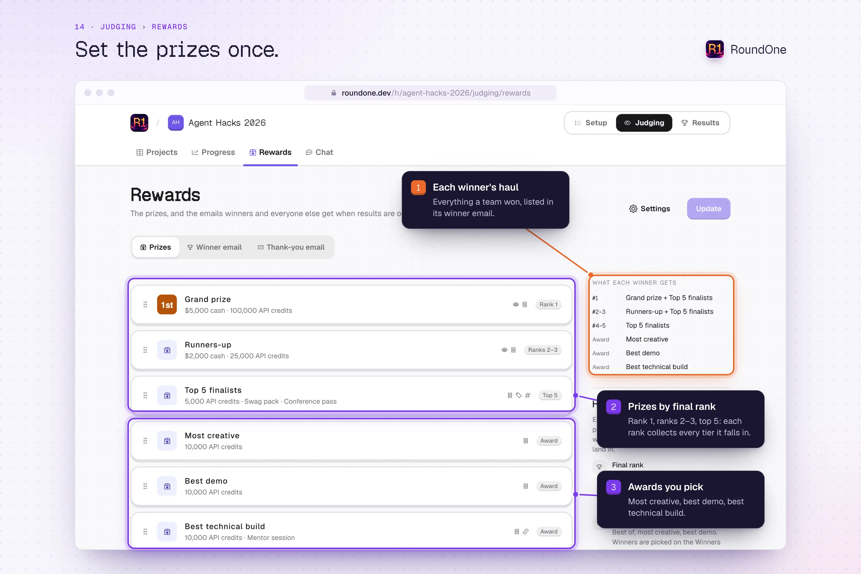 Judging, Rewards: prizes by final rank and awards you pick, with what each winner gets listed for their email.