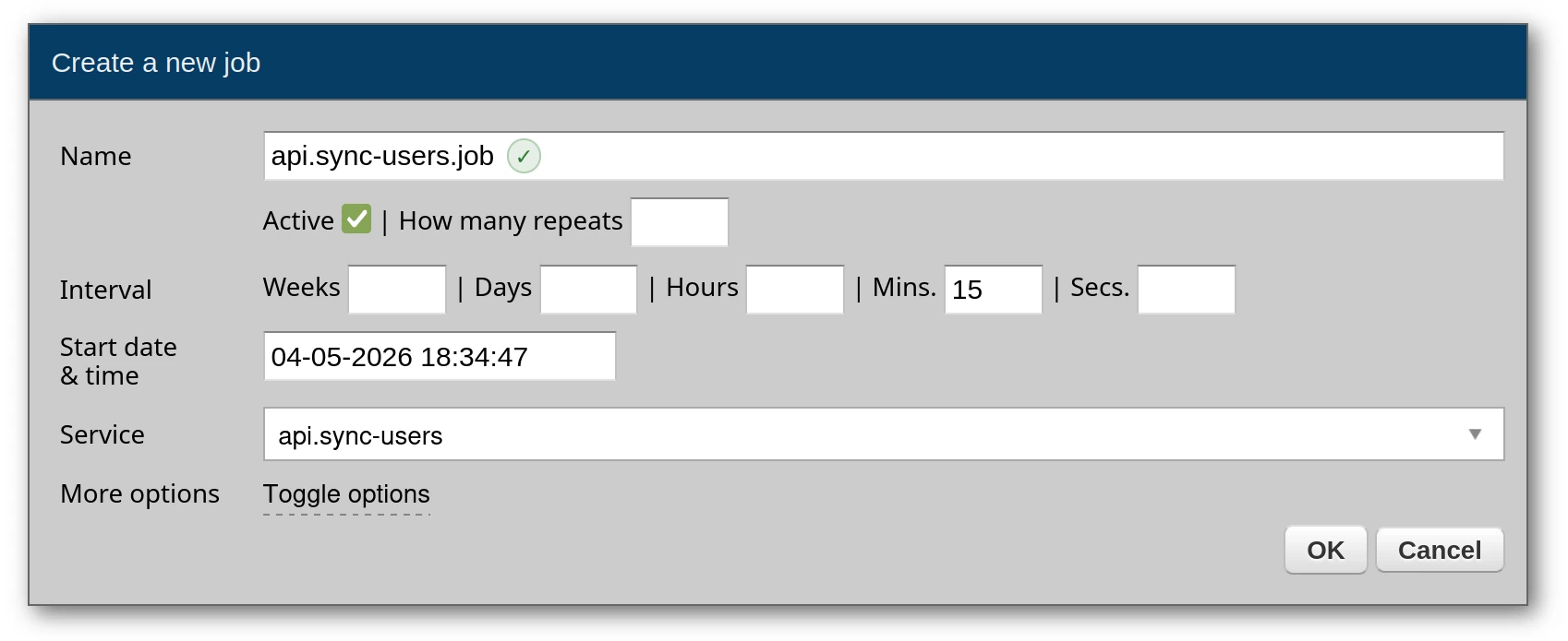 Job creation form showing a service attached to an interval job