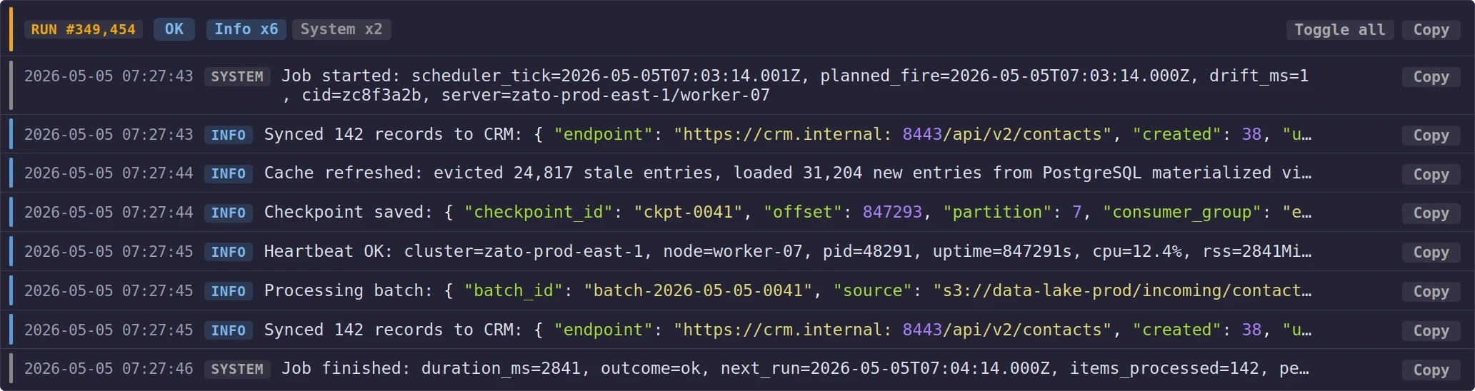 Scheduler run detail with logs and execution data