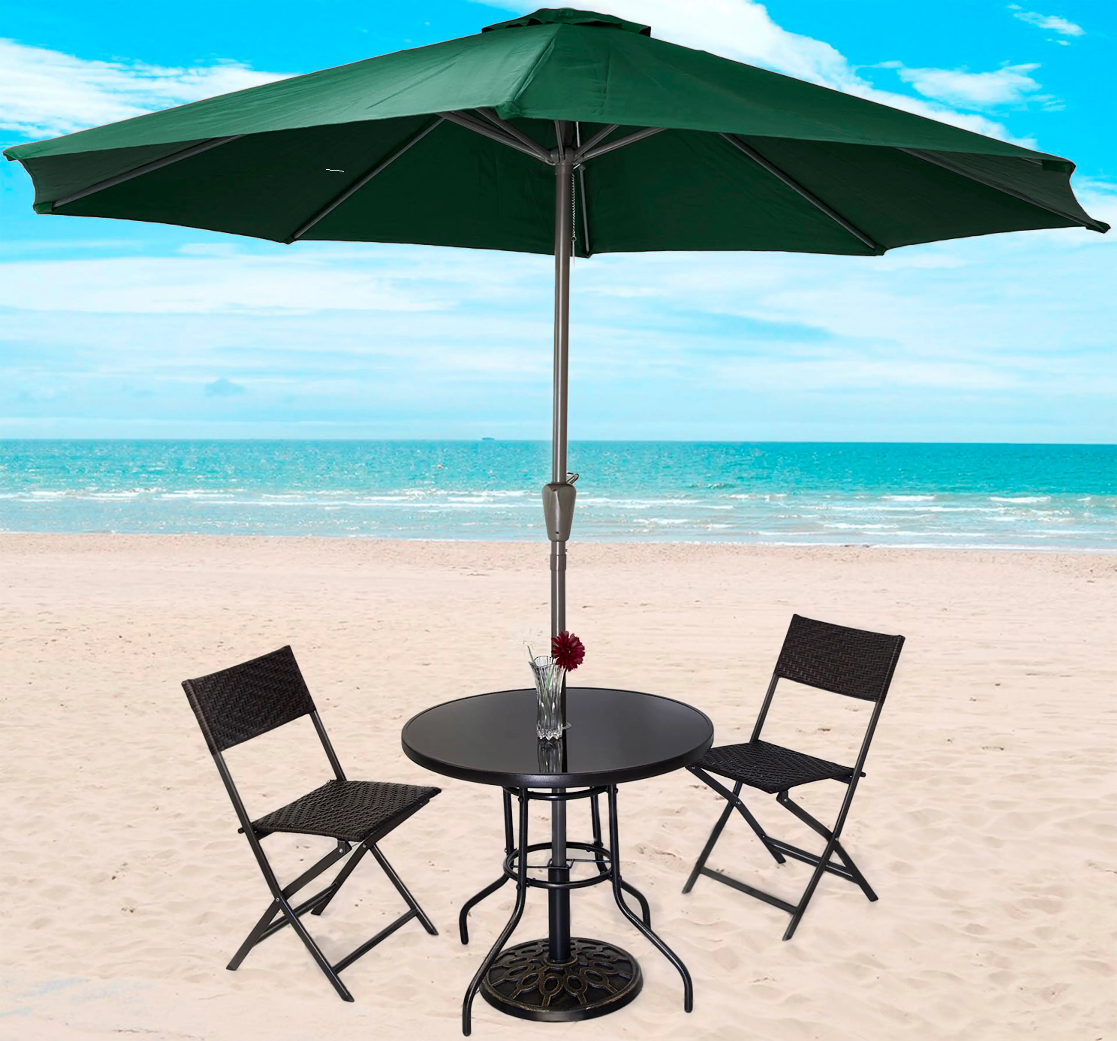 Alfresco 5PC Outdoor Setting (Green Umbrella & Stand, 2 Rattan Chairs, Round Table)