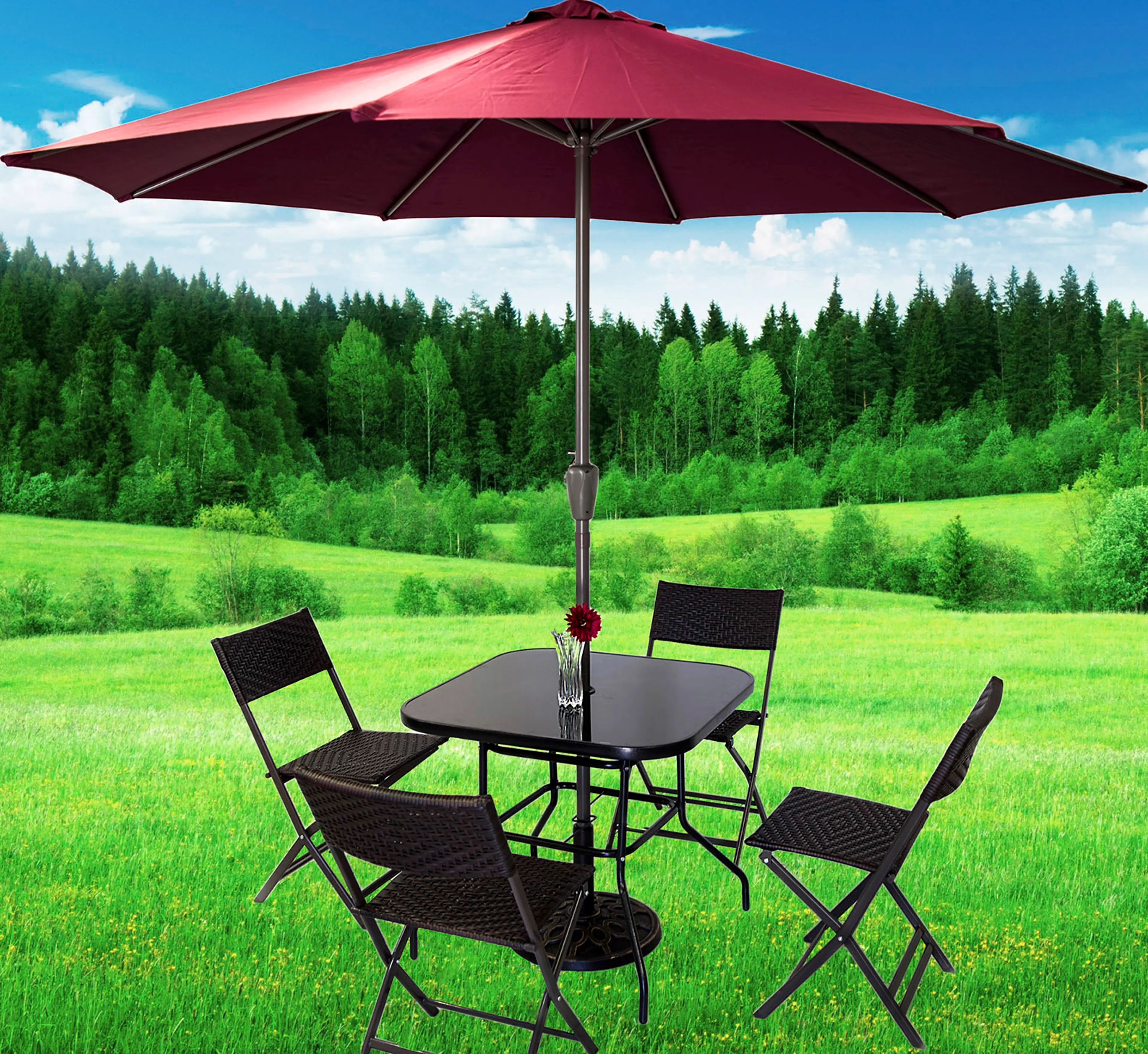 Alfresco 7 Piece Outdoor Setting (Maroon Umbrella & Stand, 4 Rattan Chairs, Square Table)