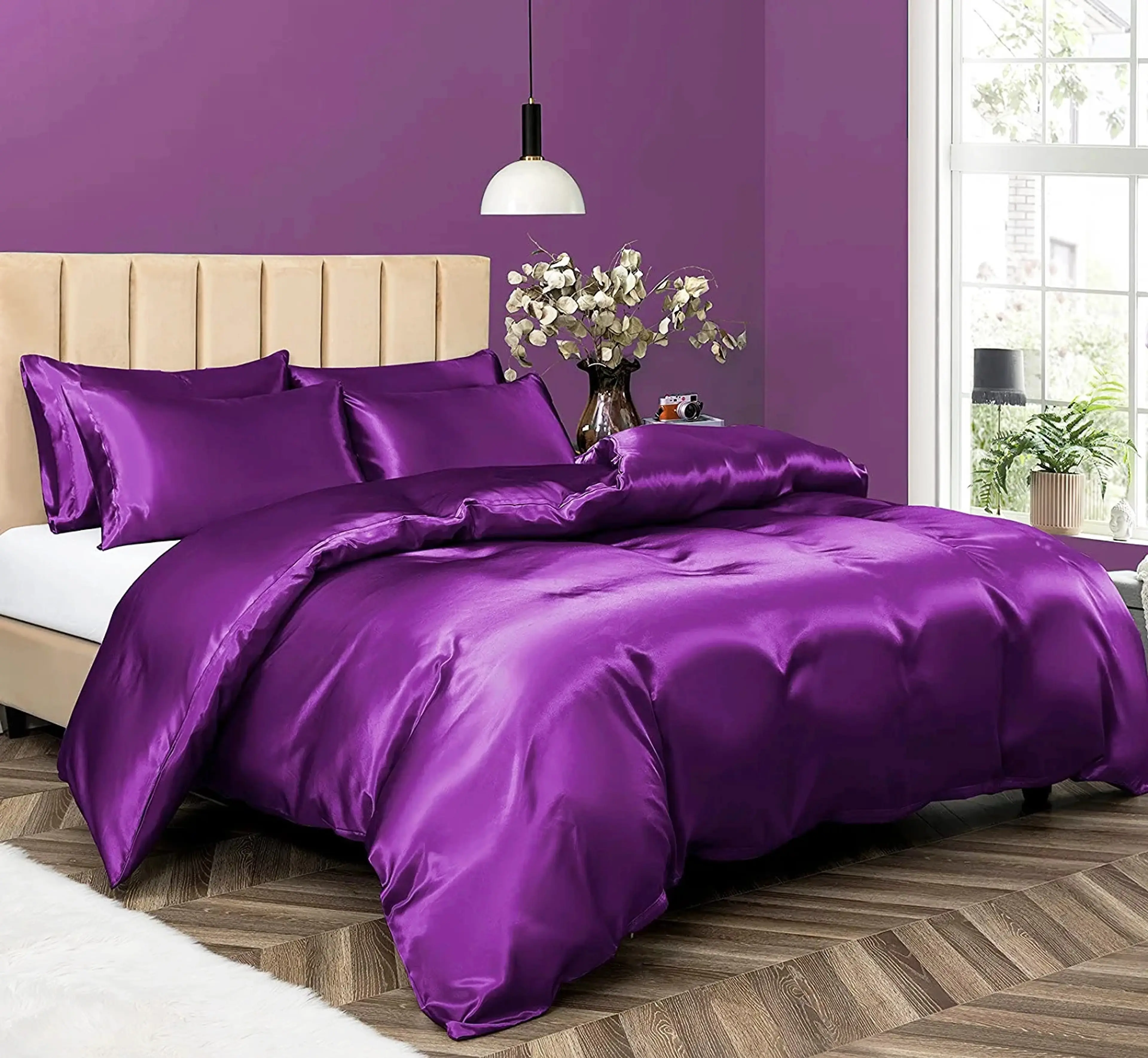 Luxury 4-Piece Silky Satin Sheet Quilt Cover Pillowcase Bed Set (Double, Purple)