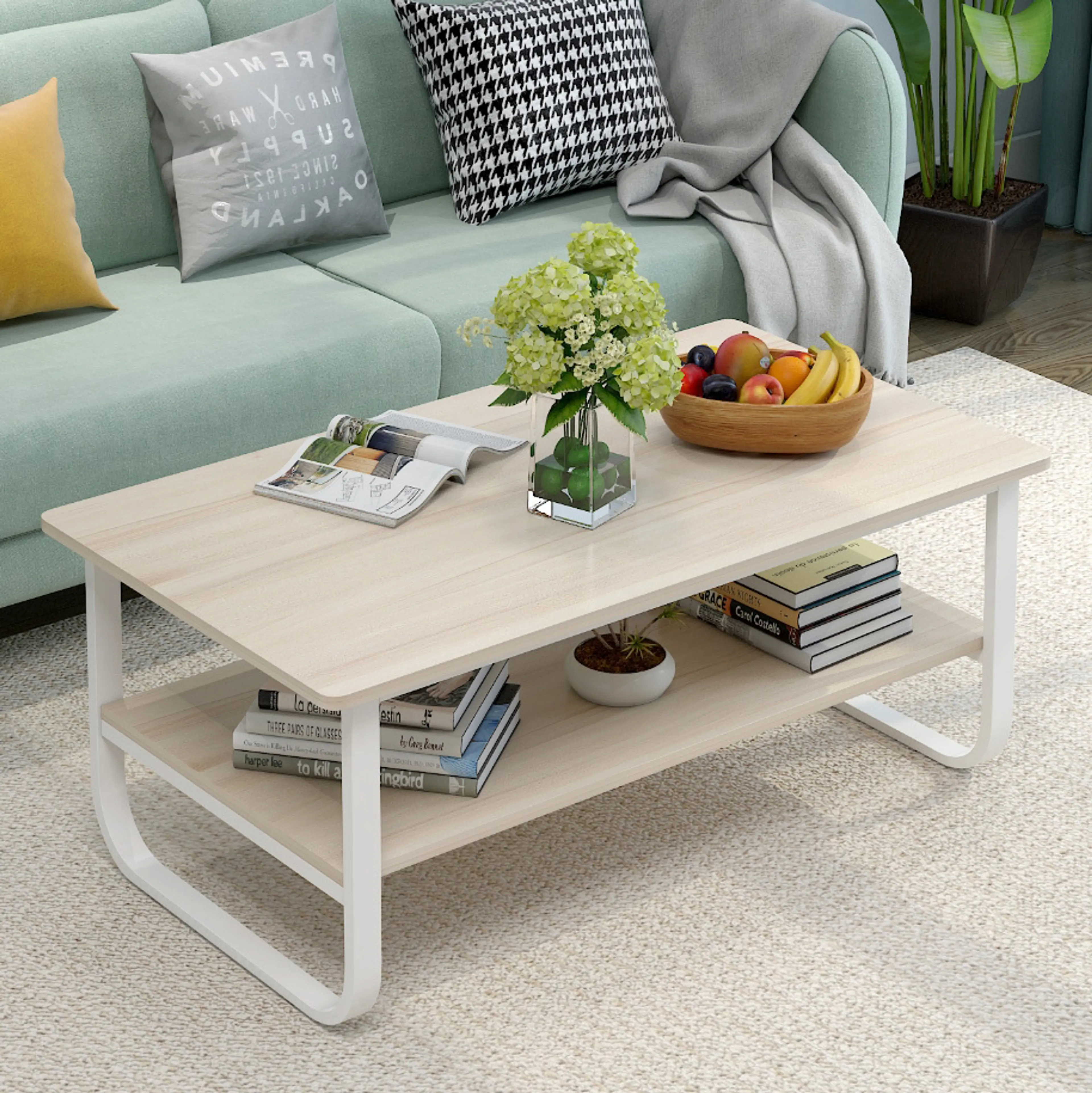 Elegance Wood & Steel Coffee Table with Shelf (White Oak)