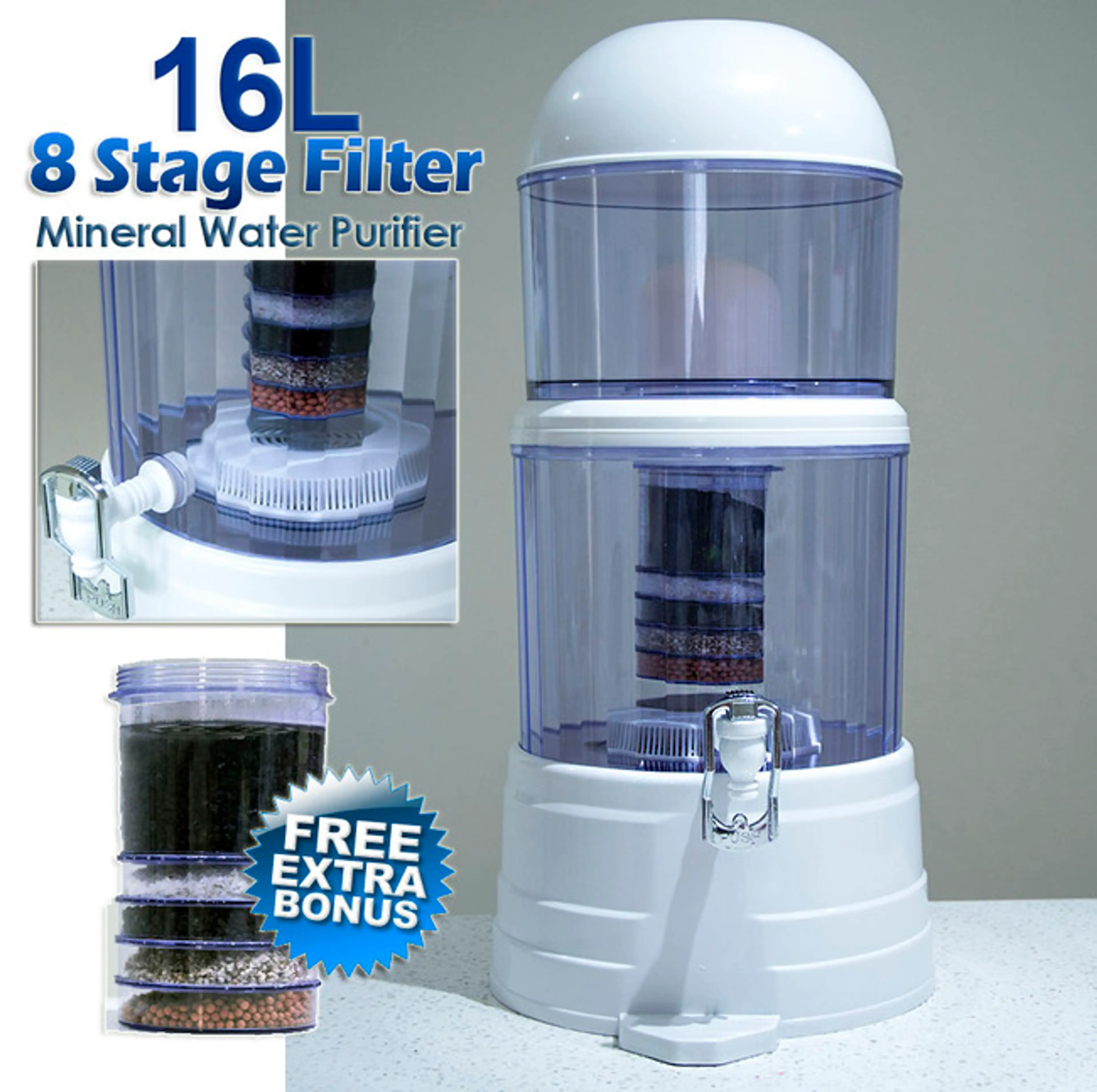 8 Stage Natural Mineral Benchtop Water Purifier Dispenser & Bonus Extra Filter B