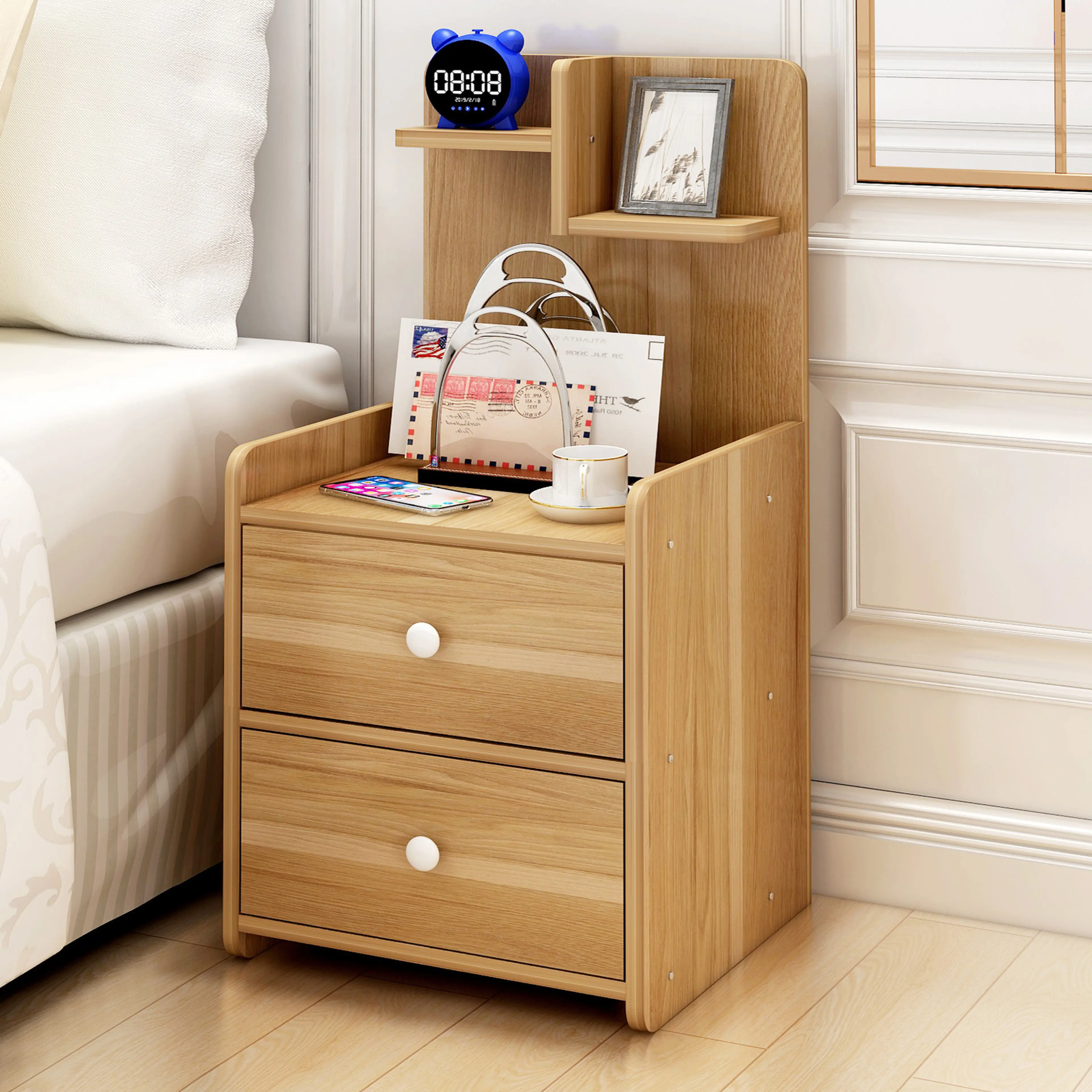 Parklane Tall Bedside Table with Chest of Drawers and Shelf (Oak)