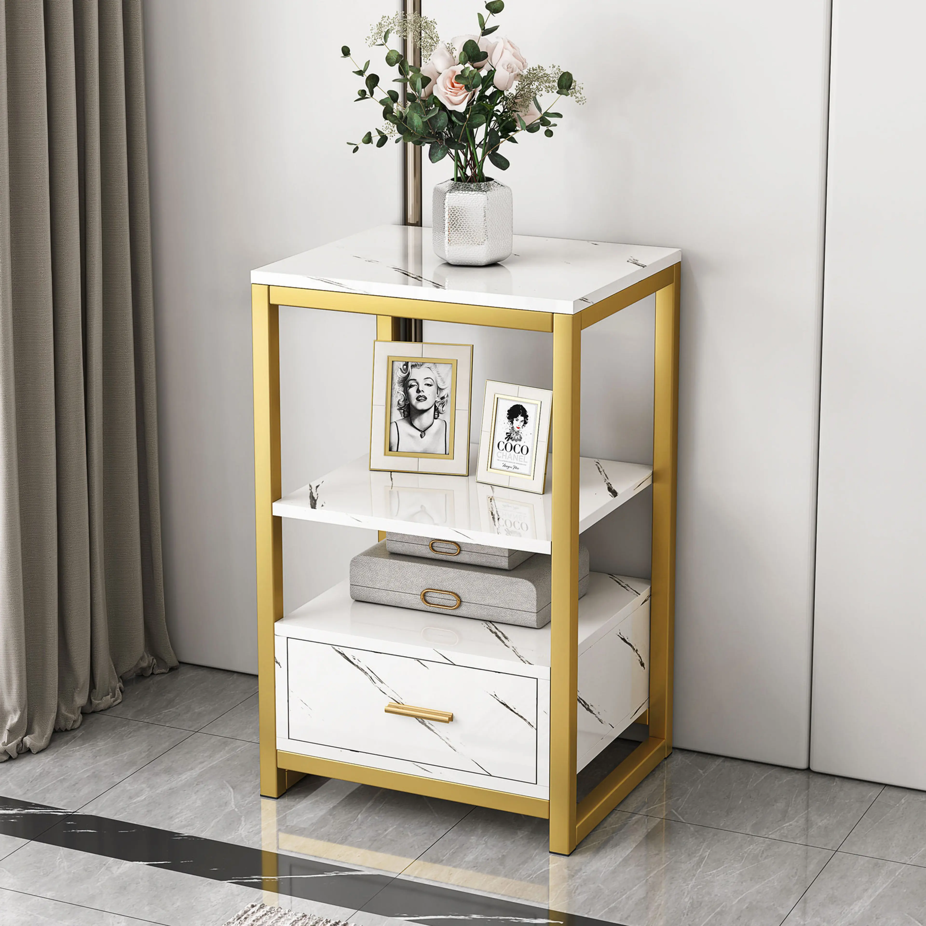 Synergy Luxury Marble Look Side Table Nightstand (White)