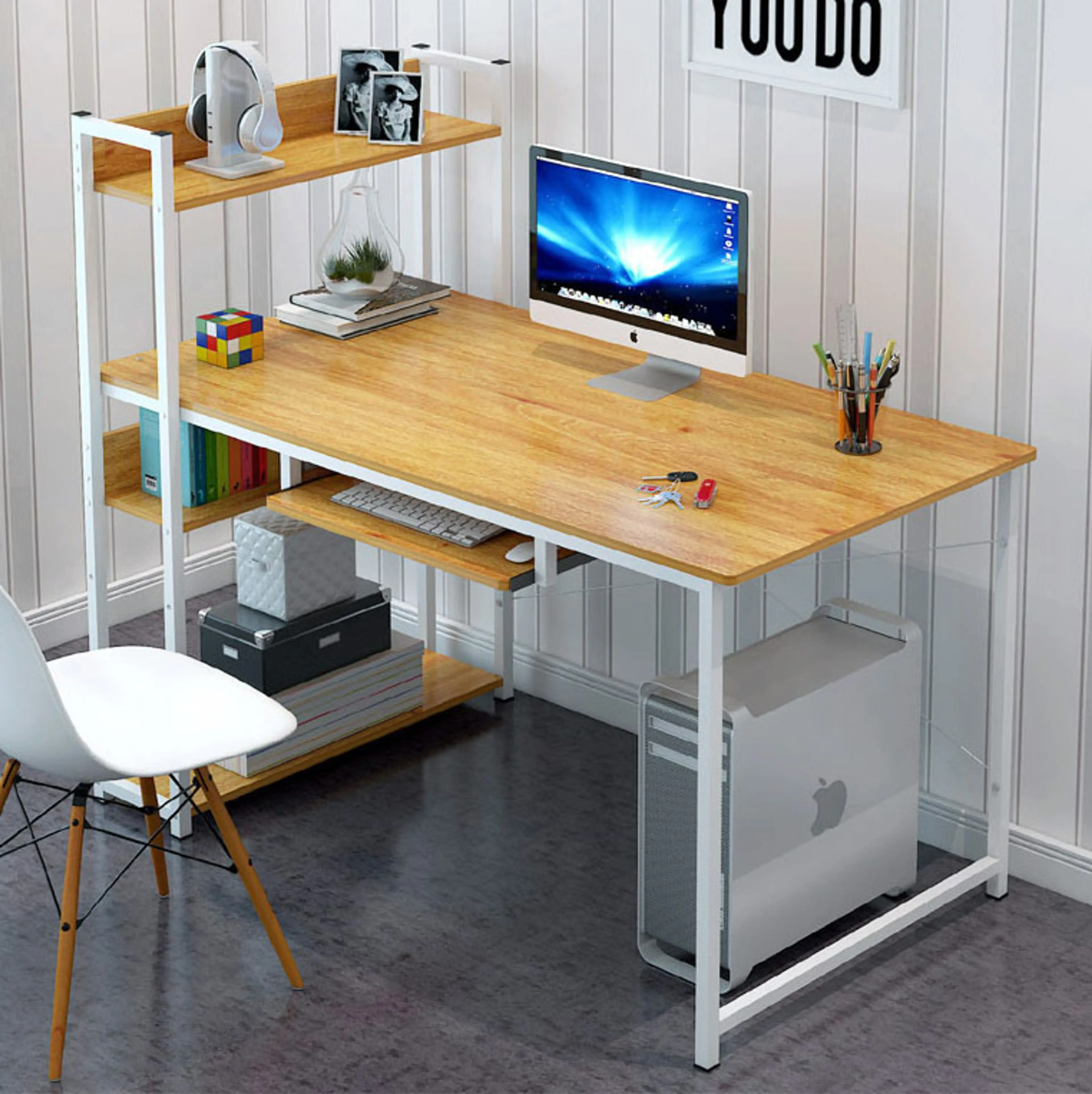 Edge Plus Combination Workstation Computer Desk with Storage Shelves (Oak)