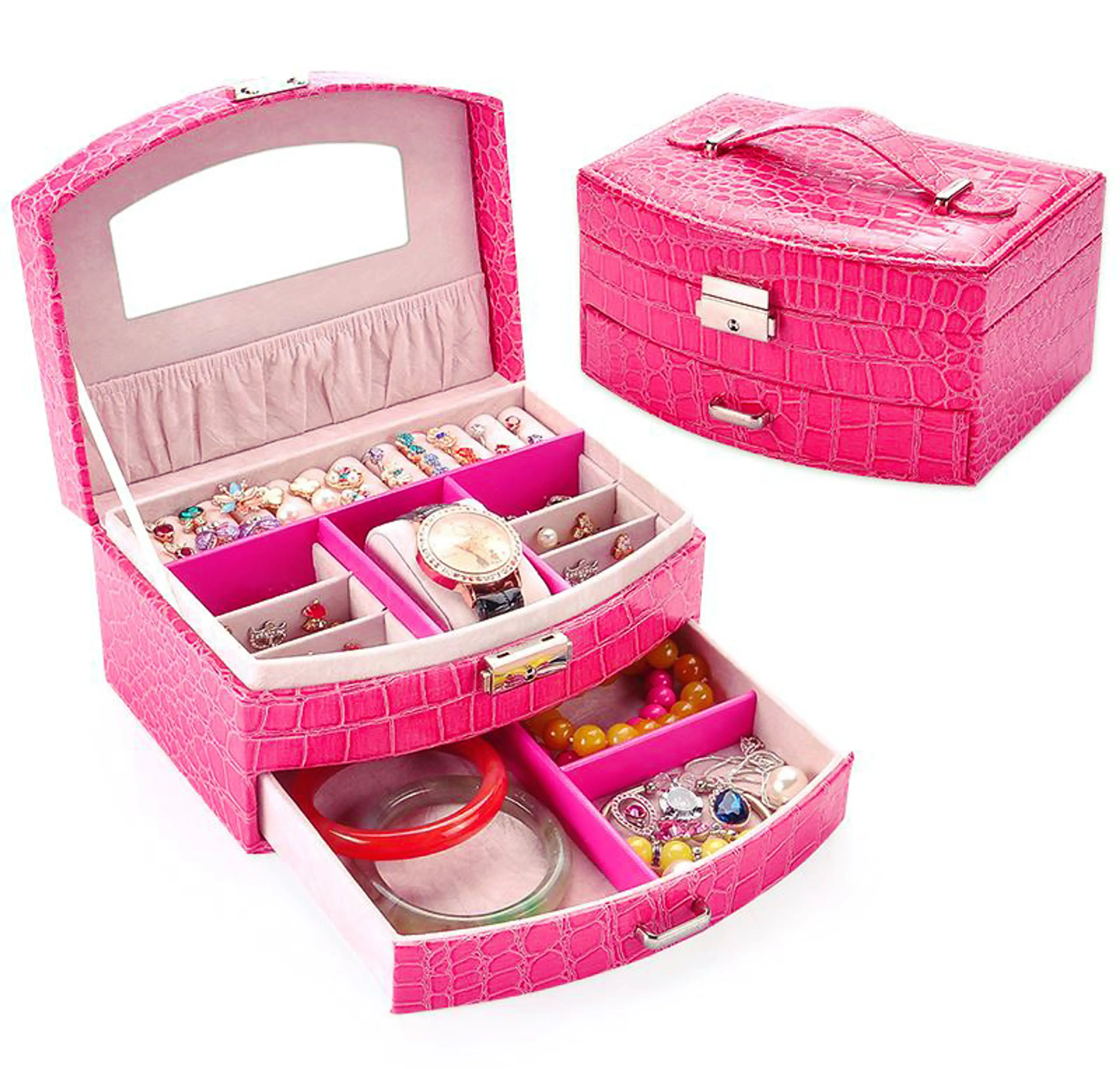 Luxury PU Leather Jewellery Box Storage Case (Hot Pink)