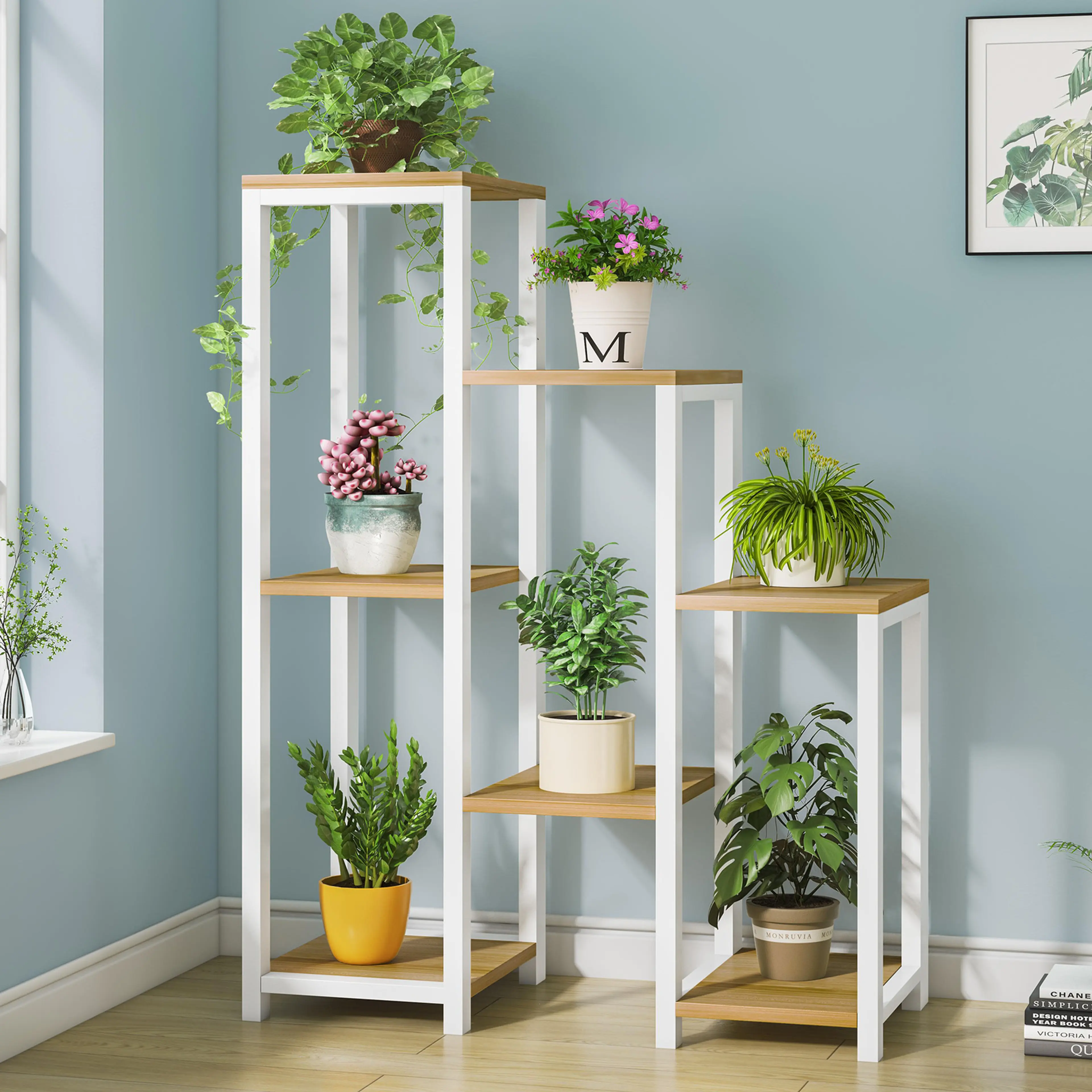 Wonderland Multi-Tiered Garden Plant Stand Wood & Steel Planter Shelf (Oak & White)