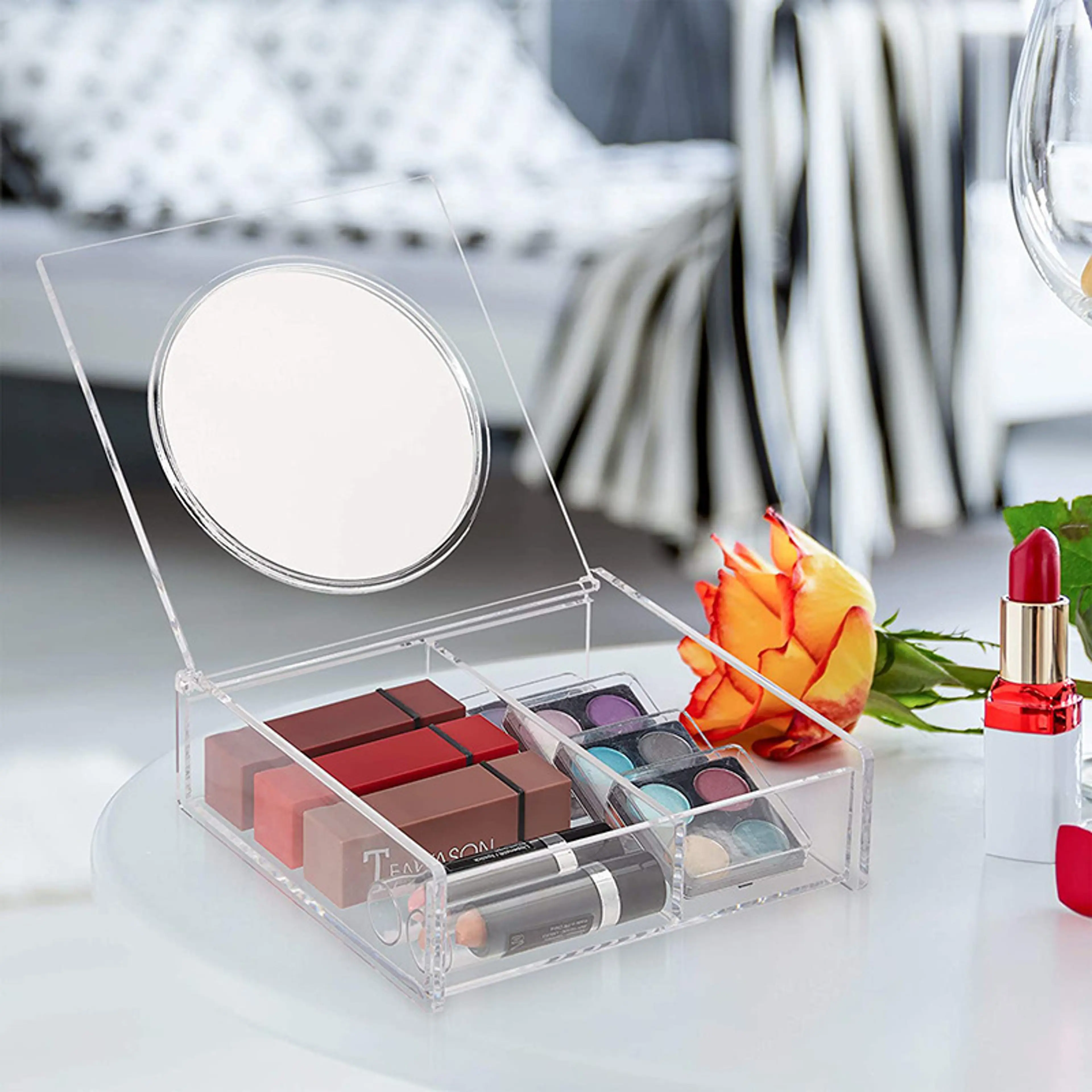 Crystal Clear Cosmetic Makeup Organizer Portable Storage Box with Large Mirror