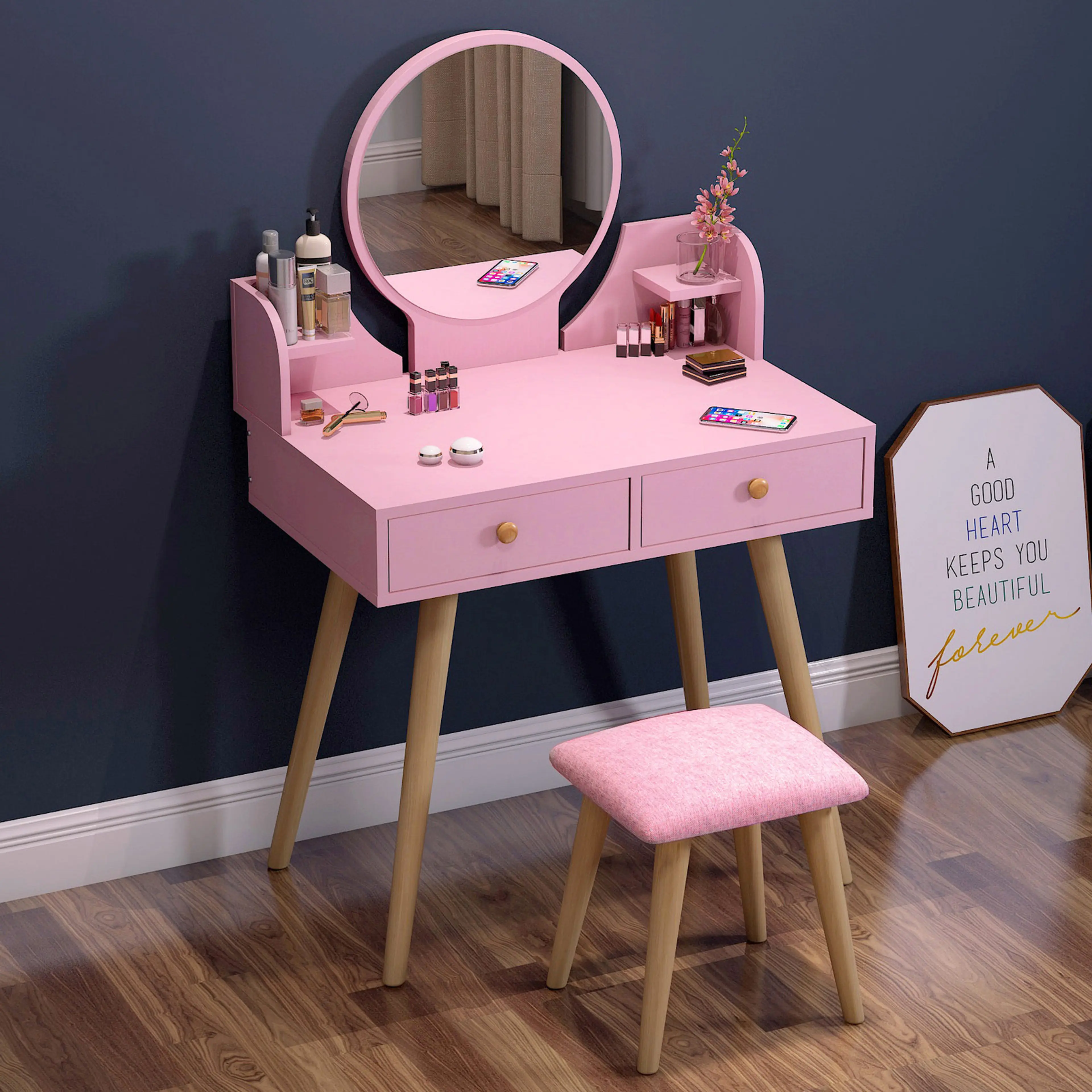 Princess Dresser Vanity Table with Mirror, Stool and Storage Drawers Set (Pink)