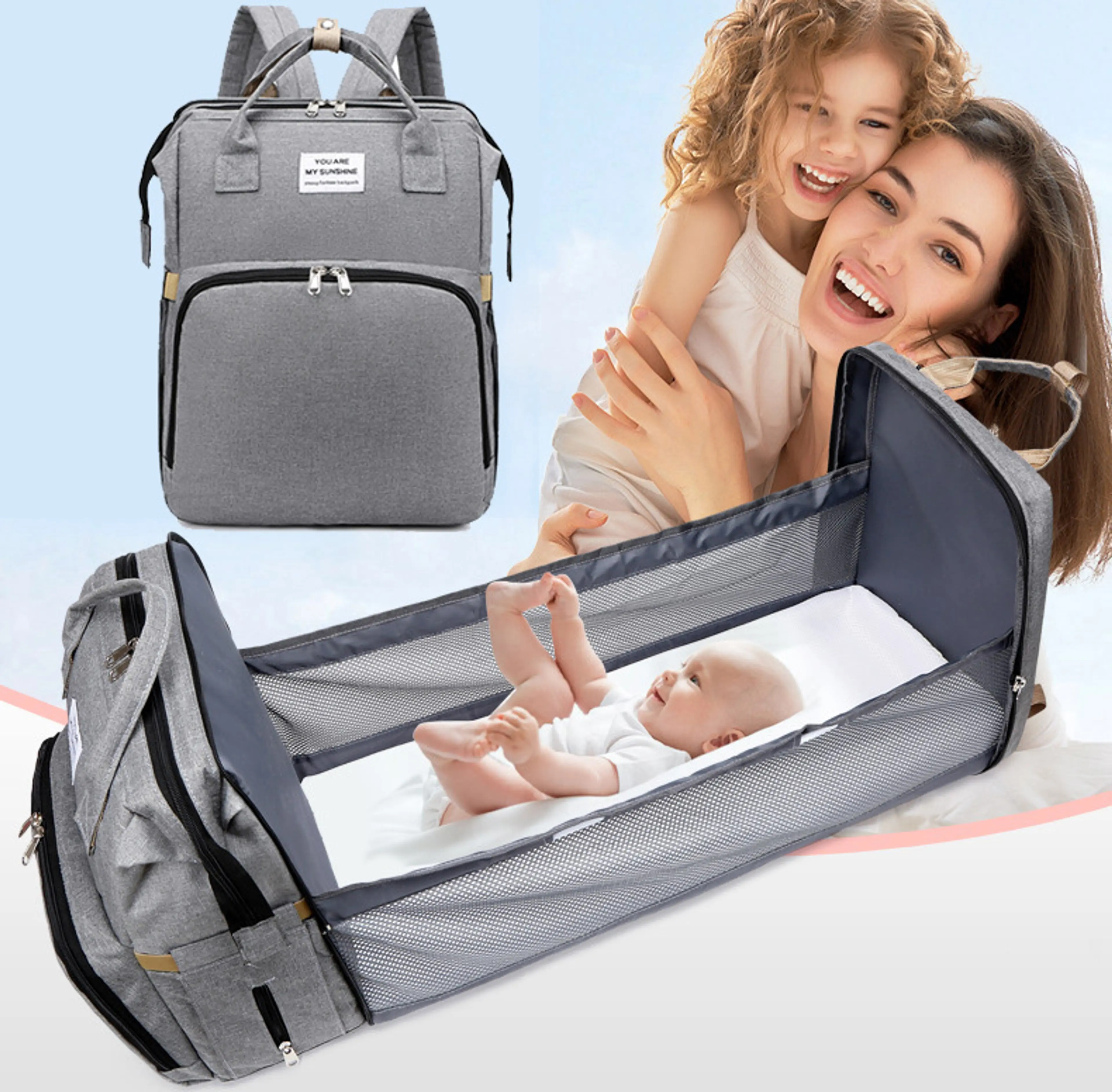 2-in-1 Nappy Bag with Baby Change Bed (Grey)