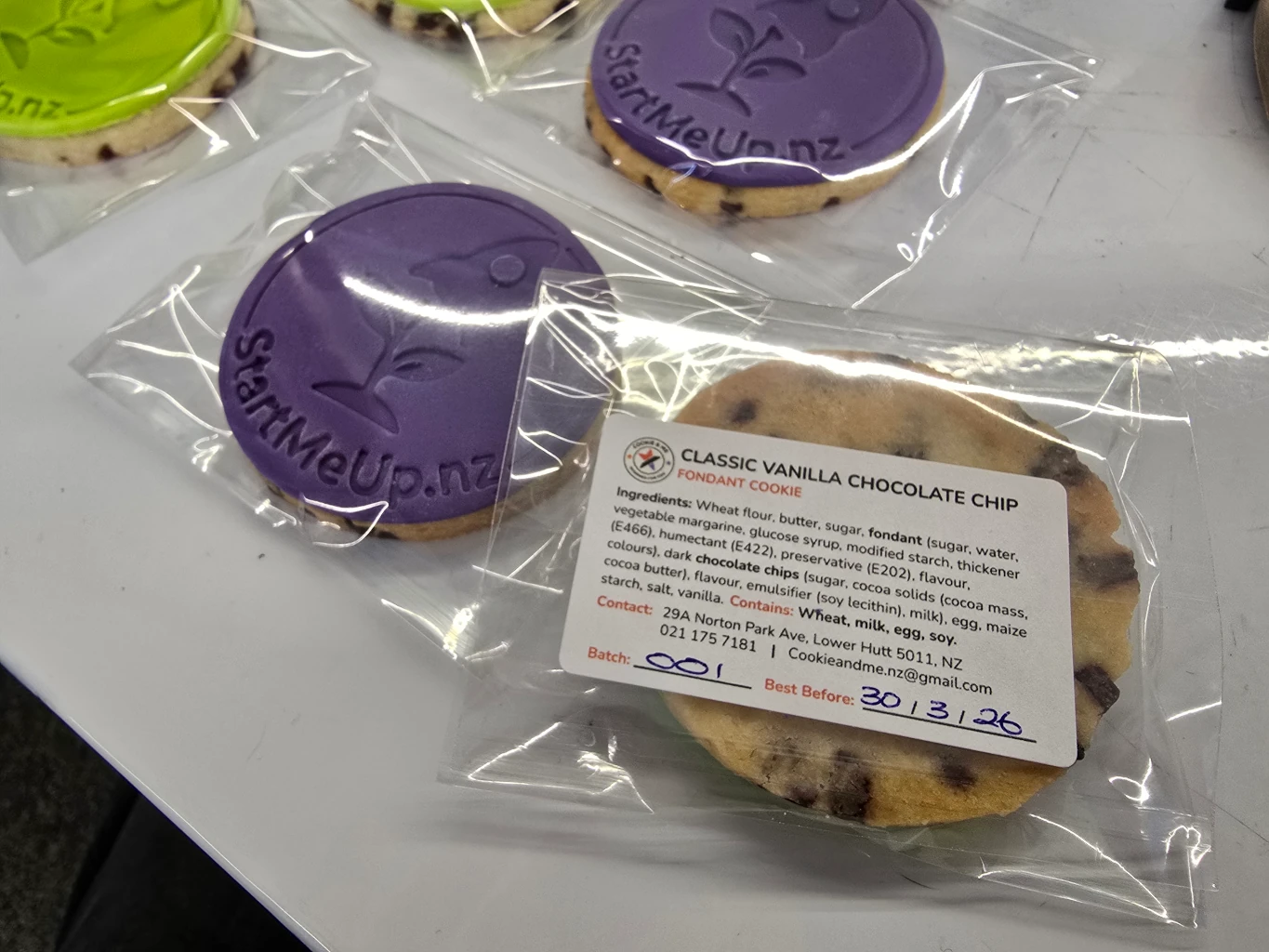 The back of the cookies showing batch 001